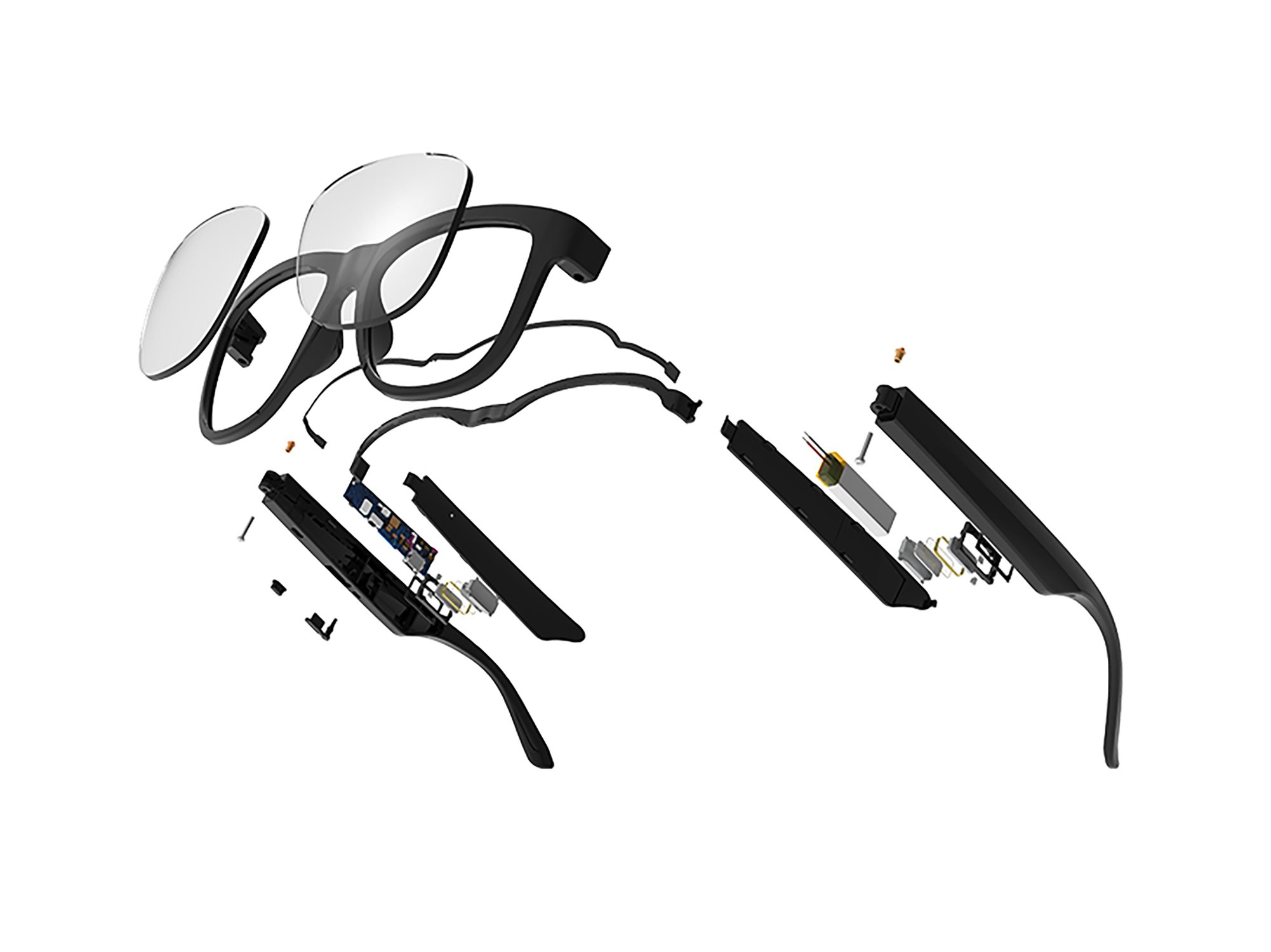 Explosionsansicht der Komponenten einer Smart-Brille. Linsen, Rahmen, Leiterplatten und andere Teile sind sichtbar.