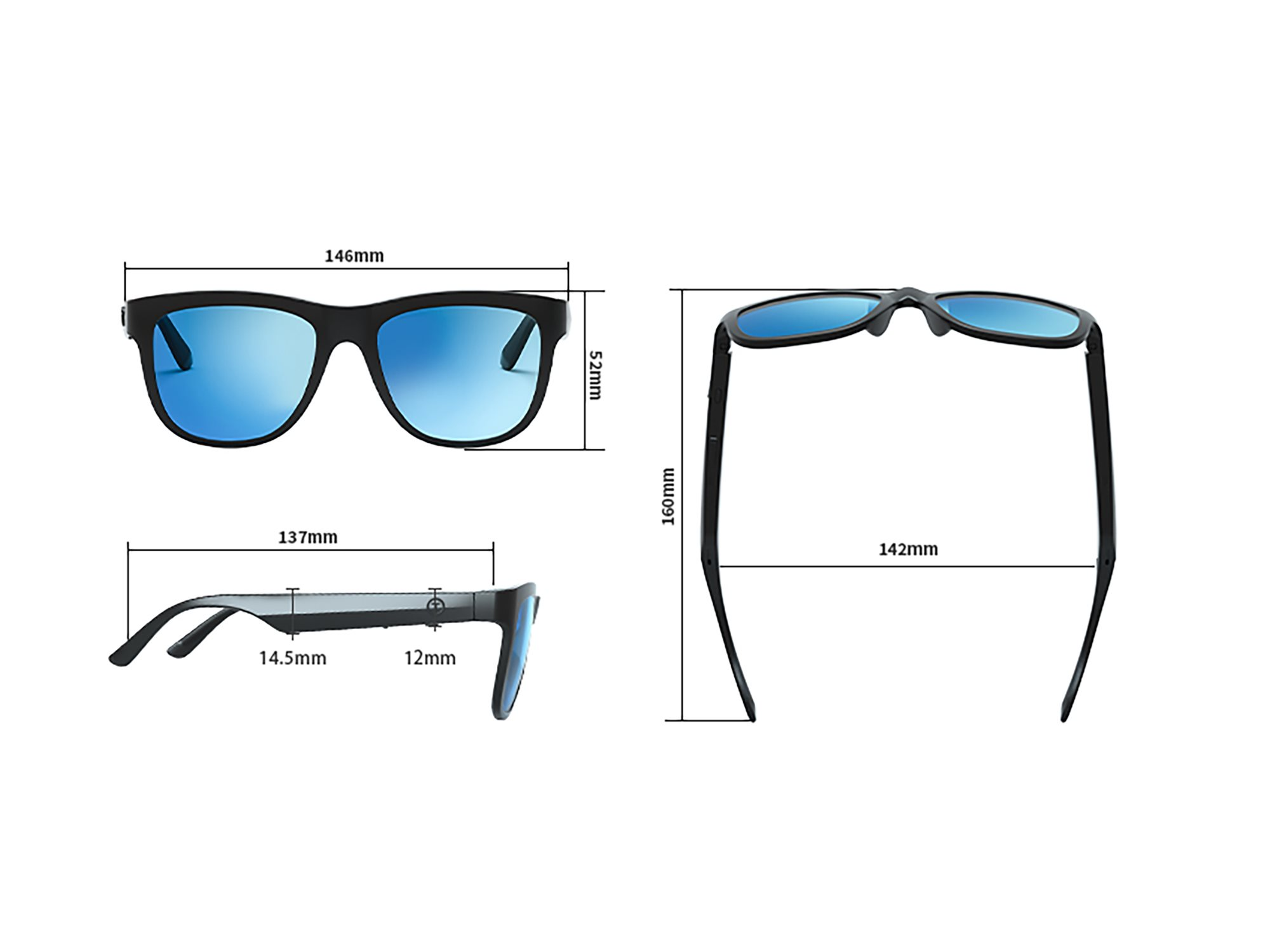 Eine schwarze Sonnenbrille mit blauen Gläsern. Die Messungen werden in mm angezeigt.