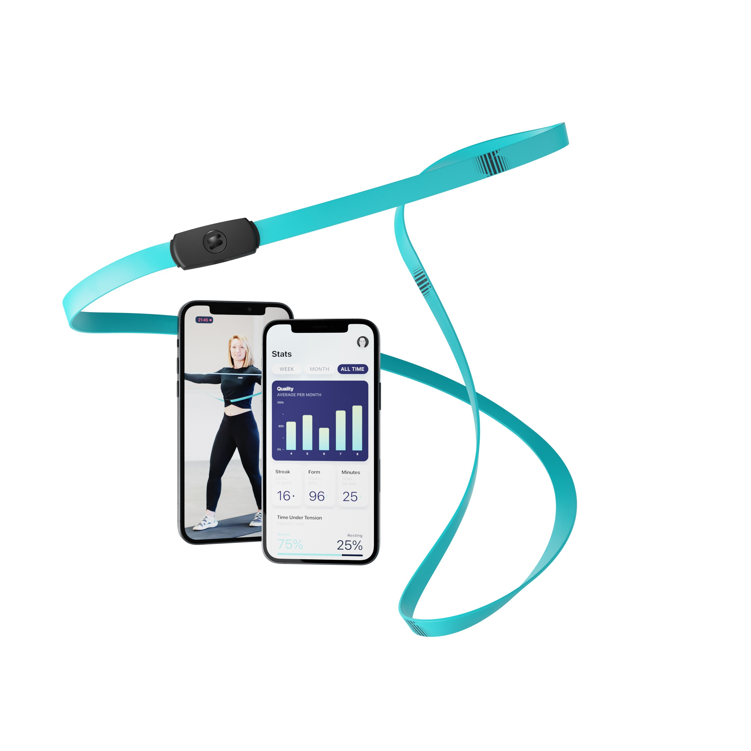 Deux téléphones affichant des écrans d'application de fitness et un moniteur de fréquence cardiaque à sangle bleue.