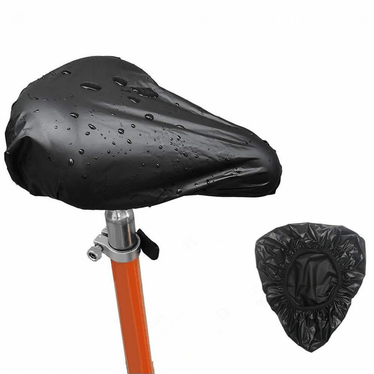 Zwarte waterdichte fietszadelhoes, met waterdruppels. Een kleinere hoes is ook afgebeeld.