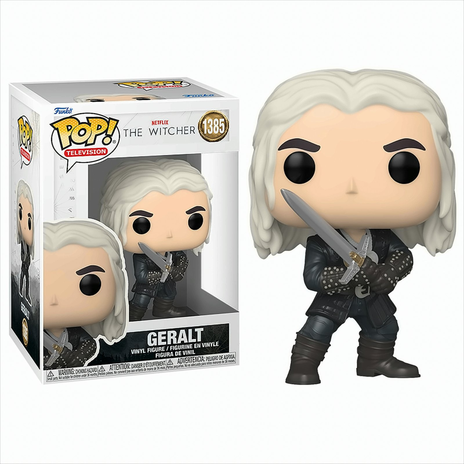 Figura di Geralt da The Witcher. Tiene una spada, accanto a una scatola con Geralt sulla parte anteriore.