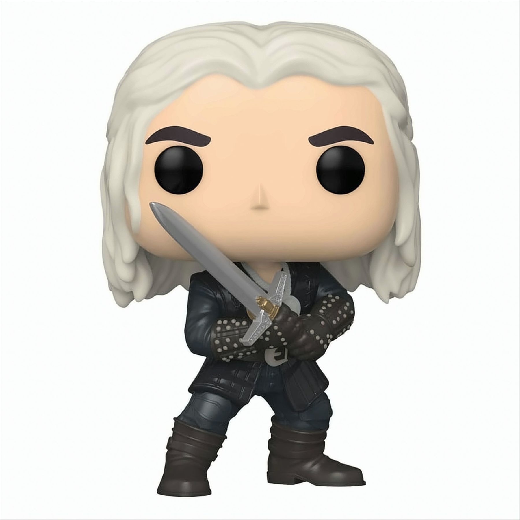 Una figura Funko Pop di Geralt di Rivia con una spada d'argento, su sfondo bianco.