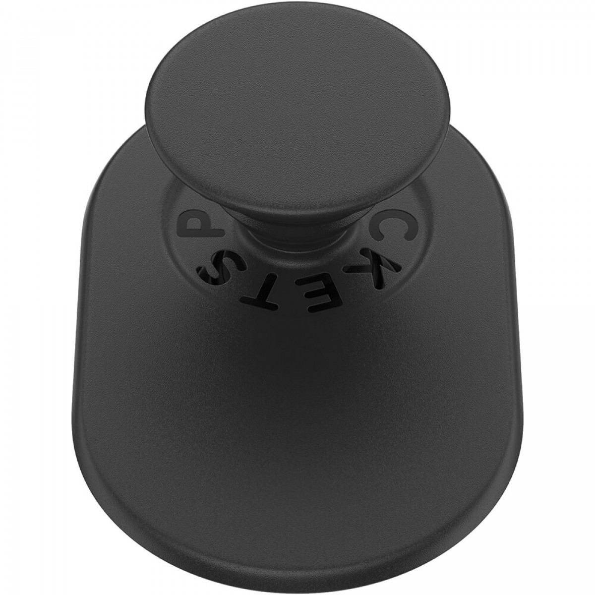 Schwarzer Telefonhalter mit rundem Oberteil und ovaler Basis. Das Wort 'POPSOCKETS' ist aufgedruckt.