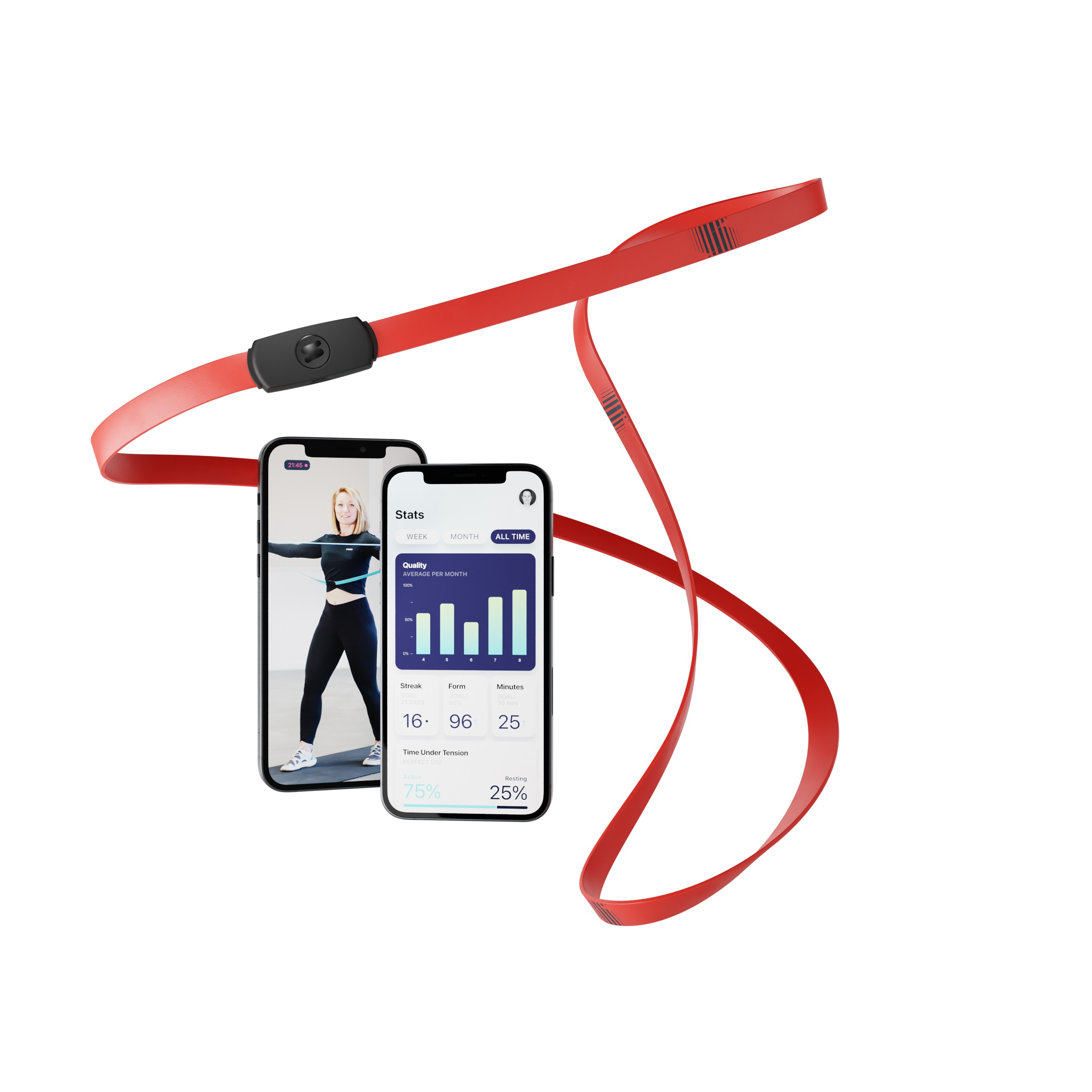 Une sangle rouge de moniteur de fréquence cardiaque avec deux téléphones affichant des données d'entraînement. Un téléphone montre un entraînement.