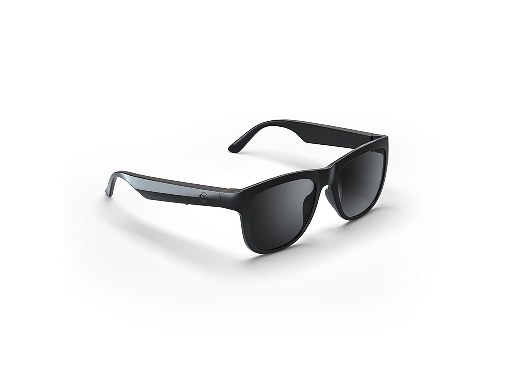 Schwarze Sonnenbrille auf weißem Hintergrund, schlichtes Design, moderne Ästhetik.