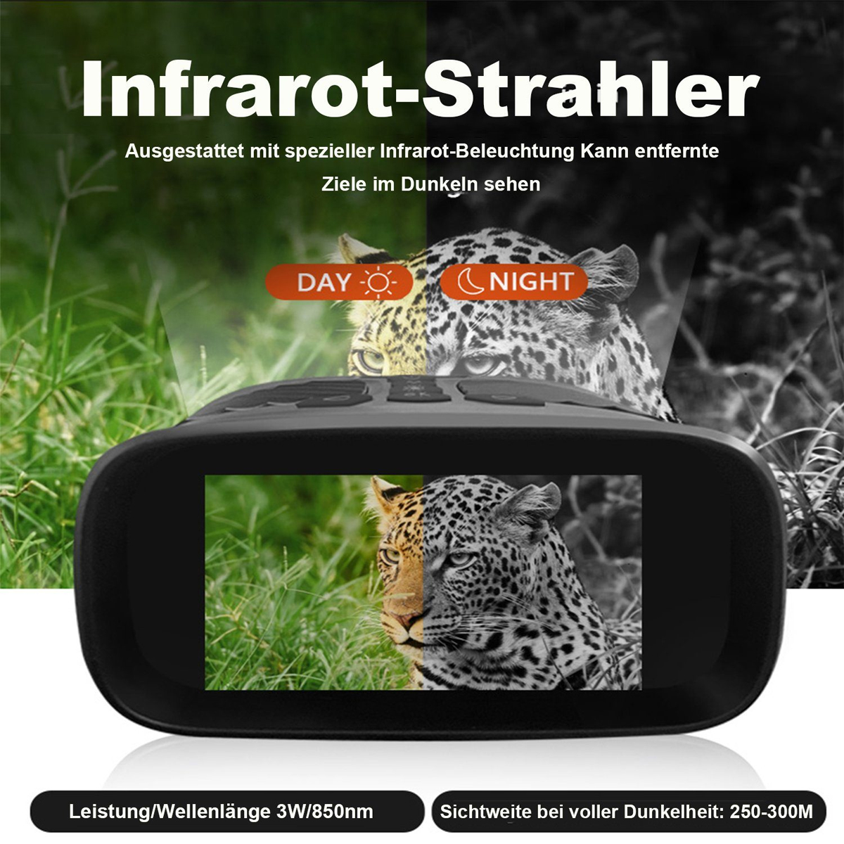 Infrarot-Viewer, der einen Leoparden im Tag- und Nachtmodus zeigt, mit Spezifikationen und einem Bildschirm.