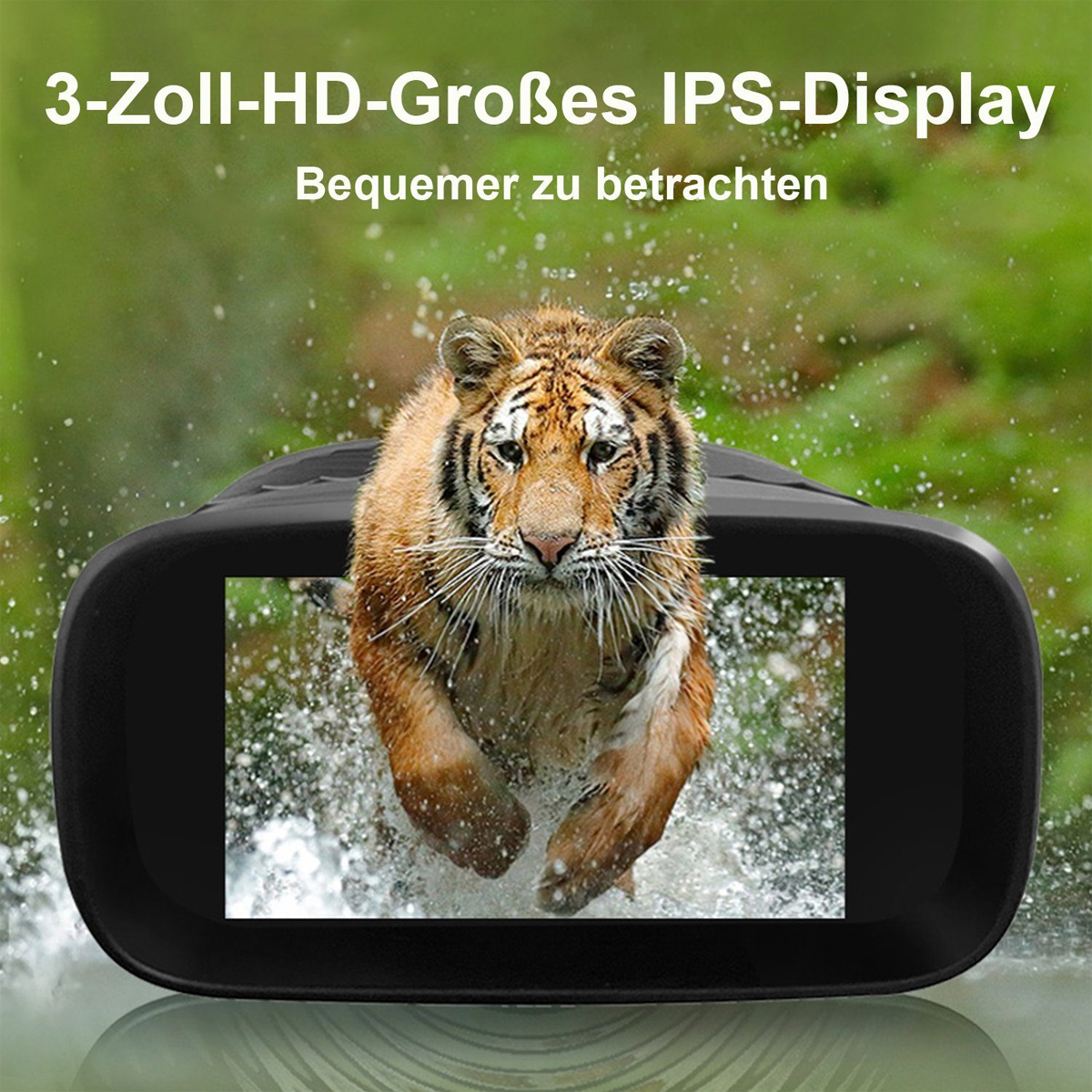 VR-Headset, das einen Tiger im Wasser anzeigt. Der Tiger springt aus dem Wasser.