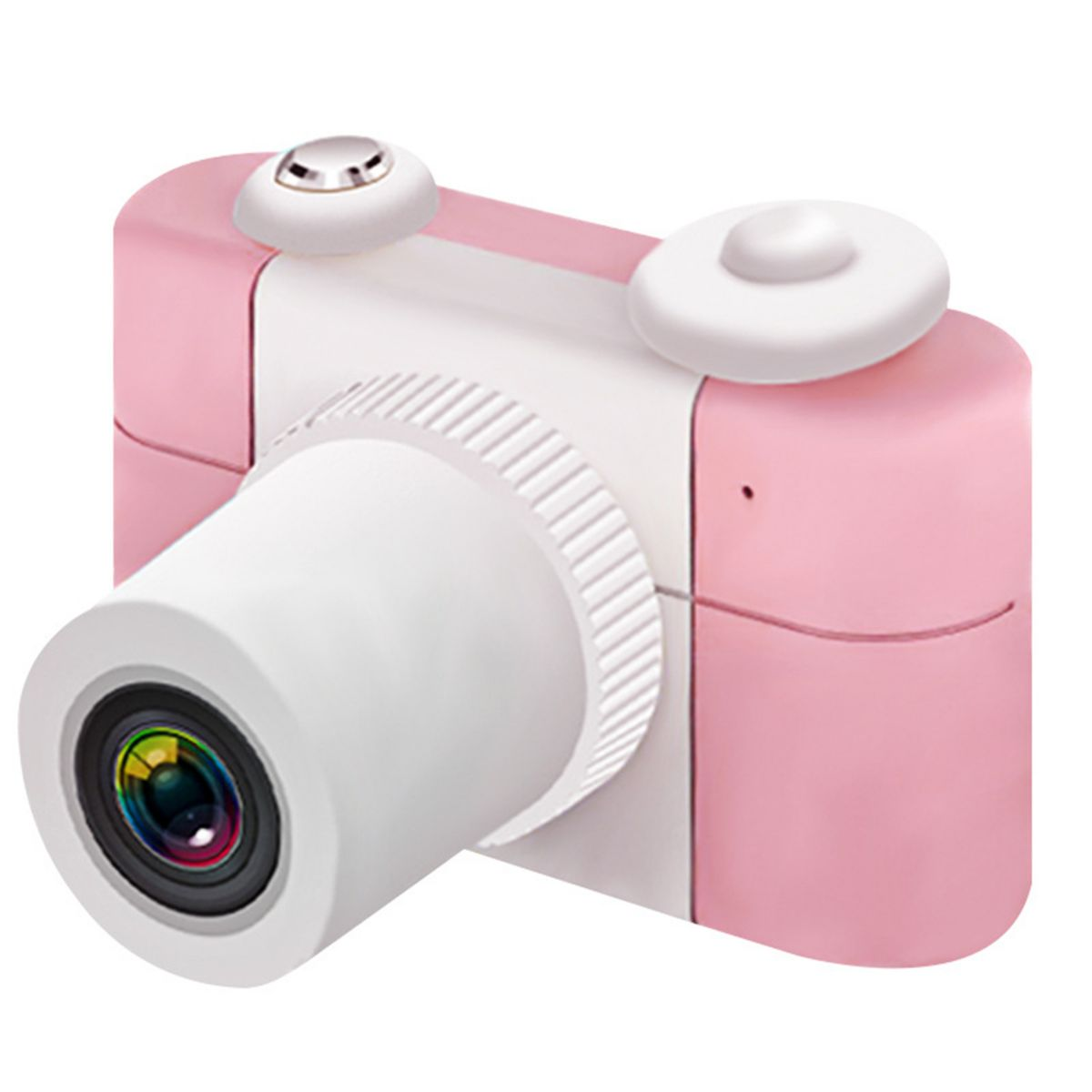 Różowy i biały aparat zabawka z dwoma guzikami na górze i obiektywem.