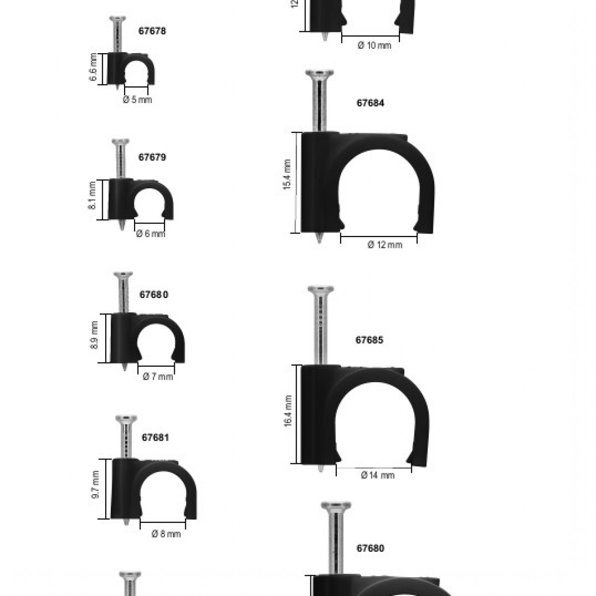 Verschiedene schwarze Kabelclips mit Abmessungen.