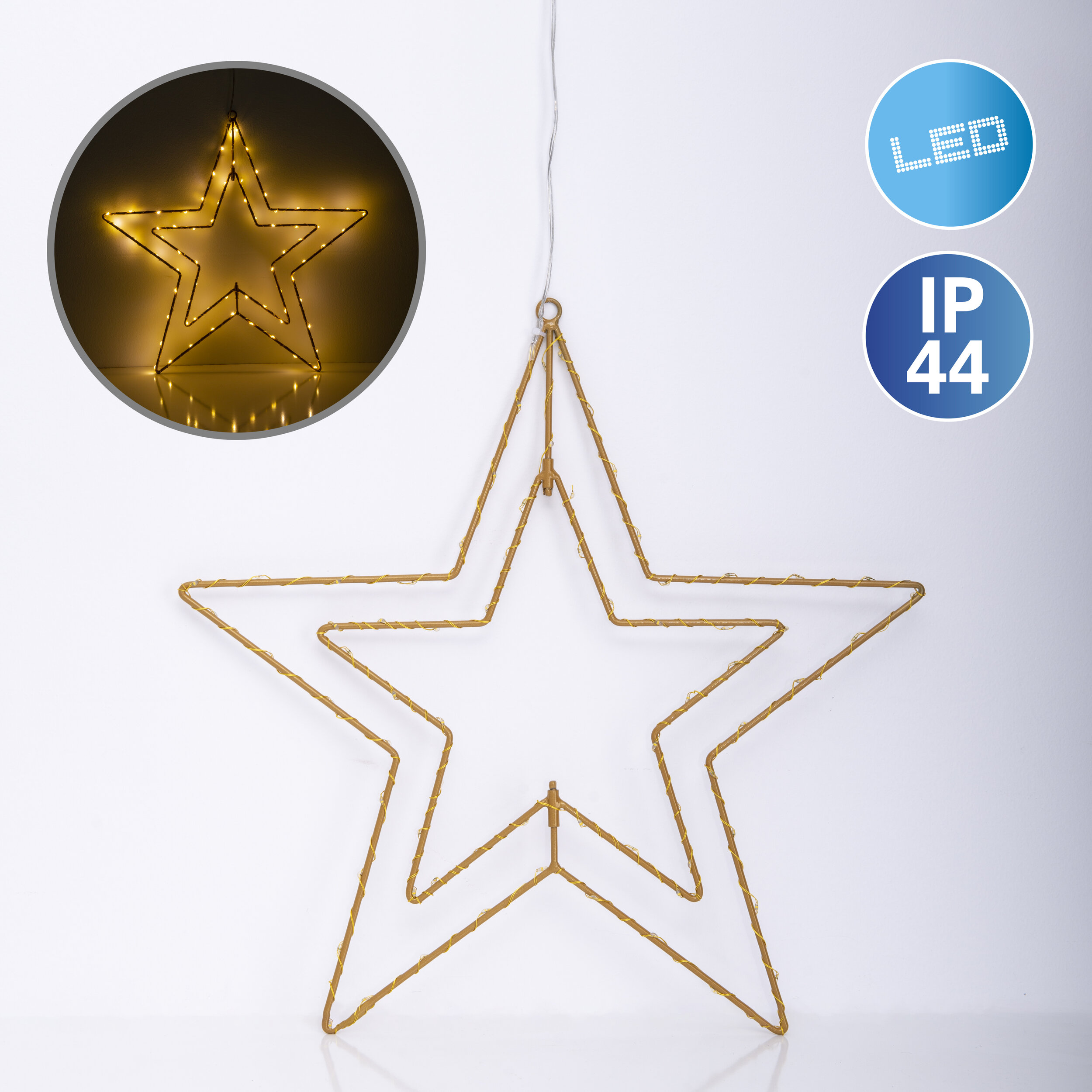 Goldener sternförmiger Leuchtkörper. LED- und IP44-Symbole in der oberen rechten Ecke.
