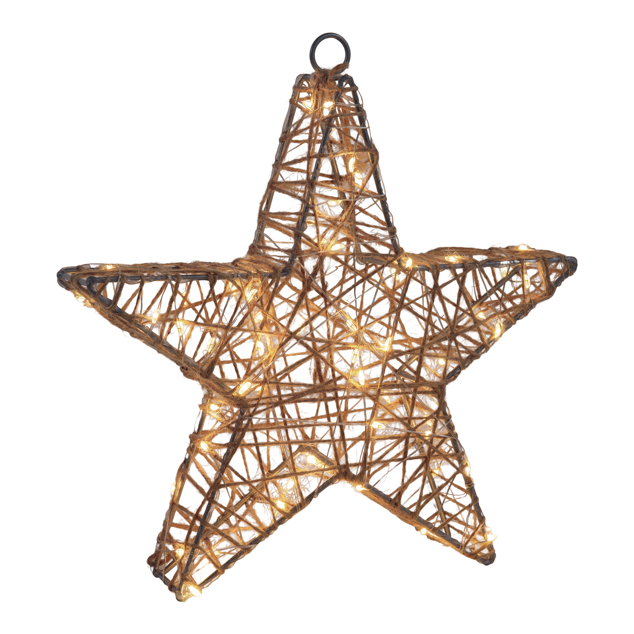 Gewebte sternförmige Weihnachtsdekoration mit Lichtern vor weißem Hintergrund.
