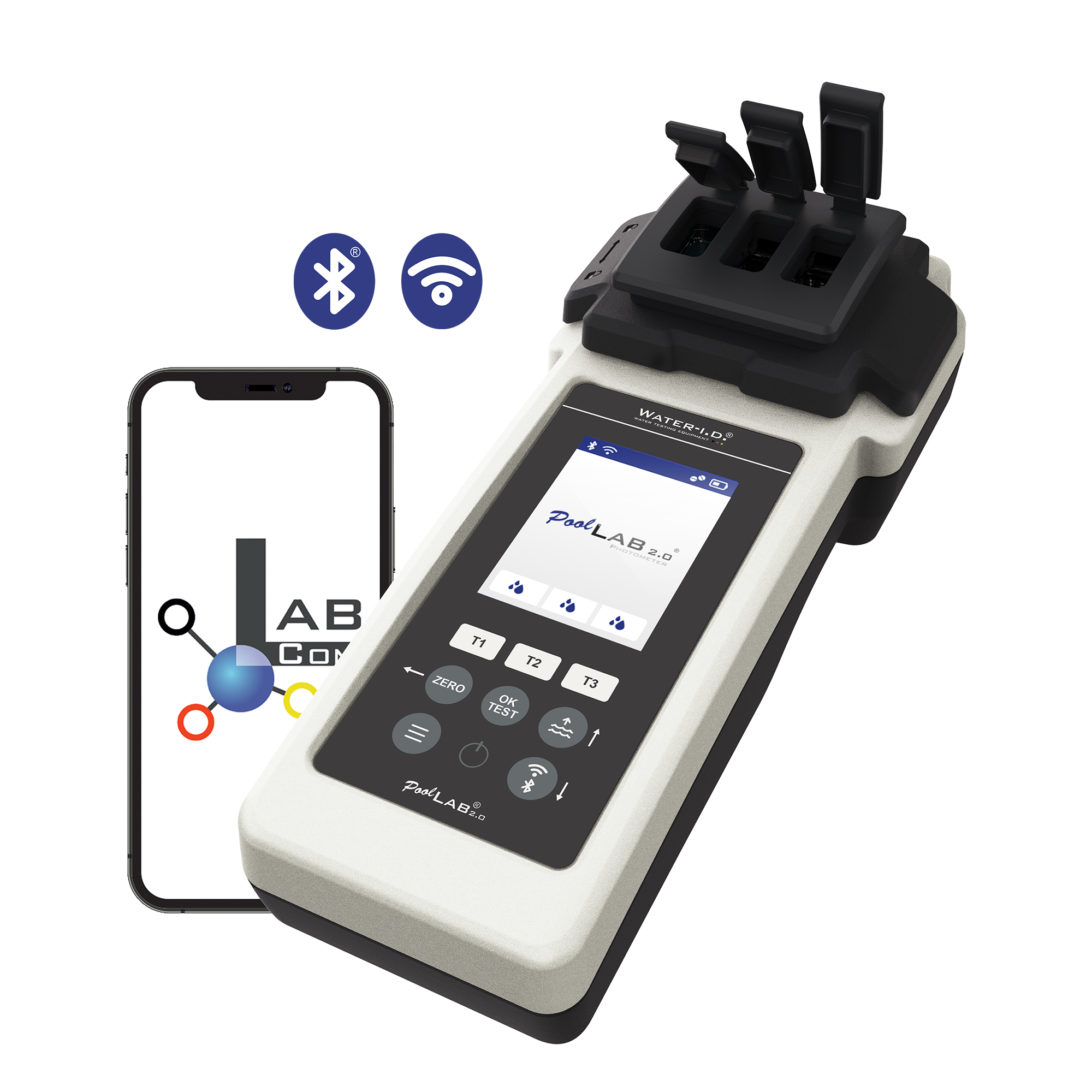 Dispositivo de prueba de agua con un teléfono inteligente y un icono de Bluetooth. Dispositivo blanco y negro.