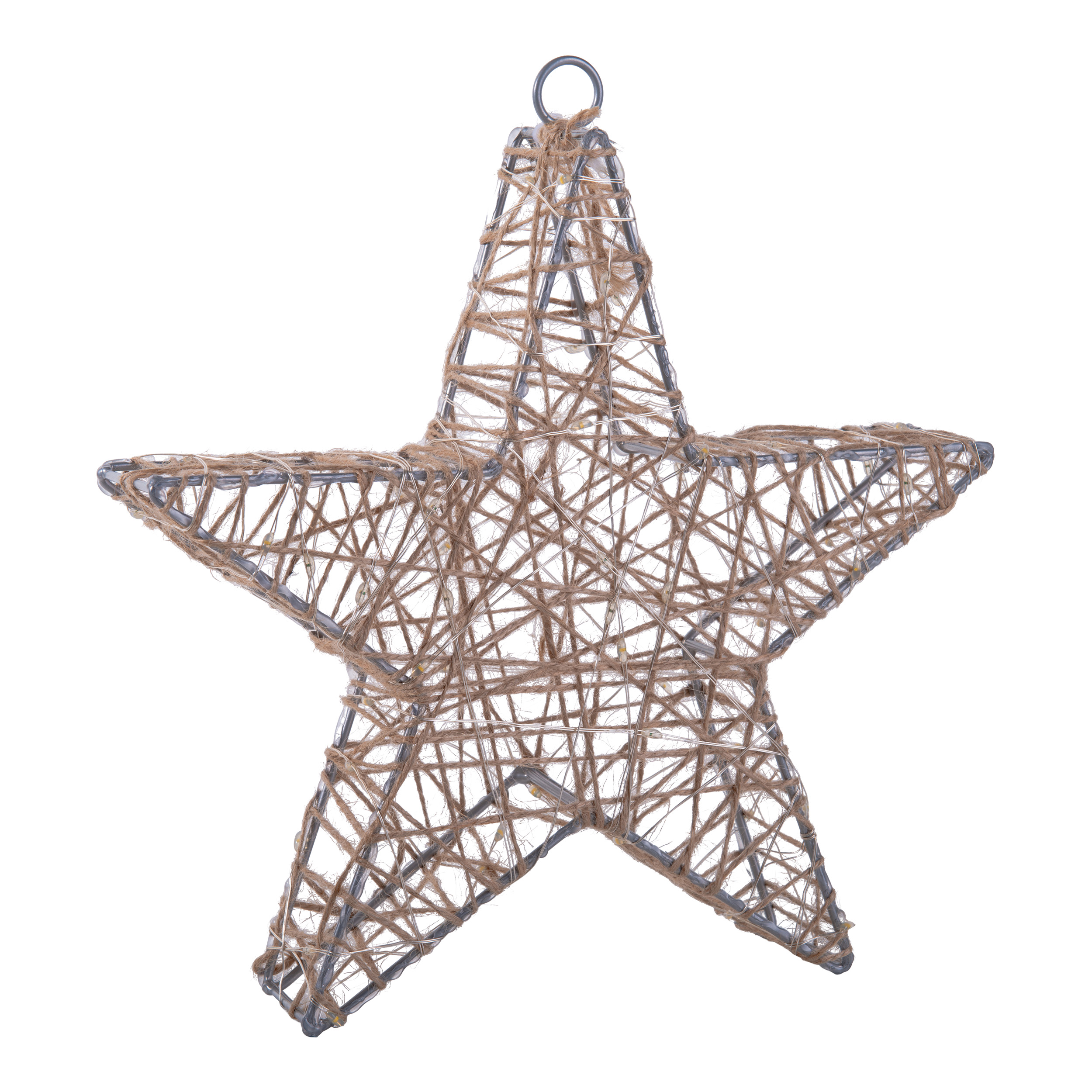 Ein sternförmiger Weihnachtsschmuck. Er besteht aus Silberdraht und ist mit Bindfaden gewebt.