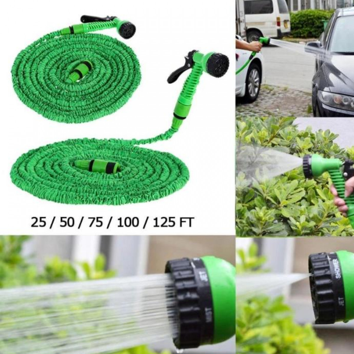 Grüner, erweiterbarer Gartenschlauch, aufgerollt und sprüht Wasser mit verschiedenen Düsen.