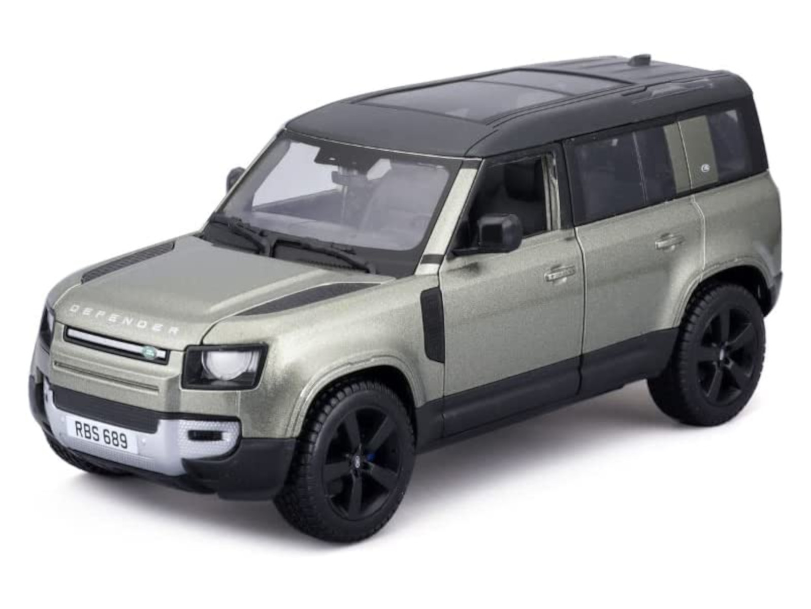 Miniaturowy model samochodu Land Rover Defender, szary i czarny, na białym tle.