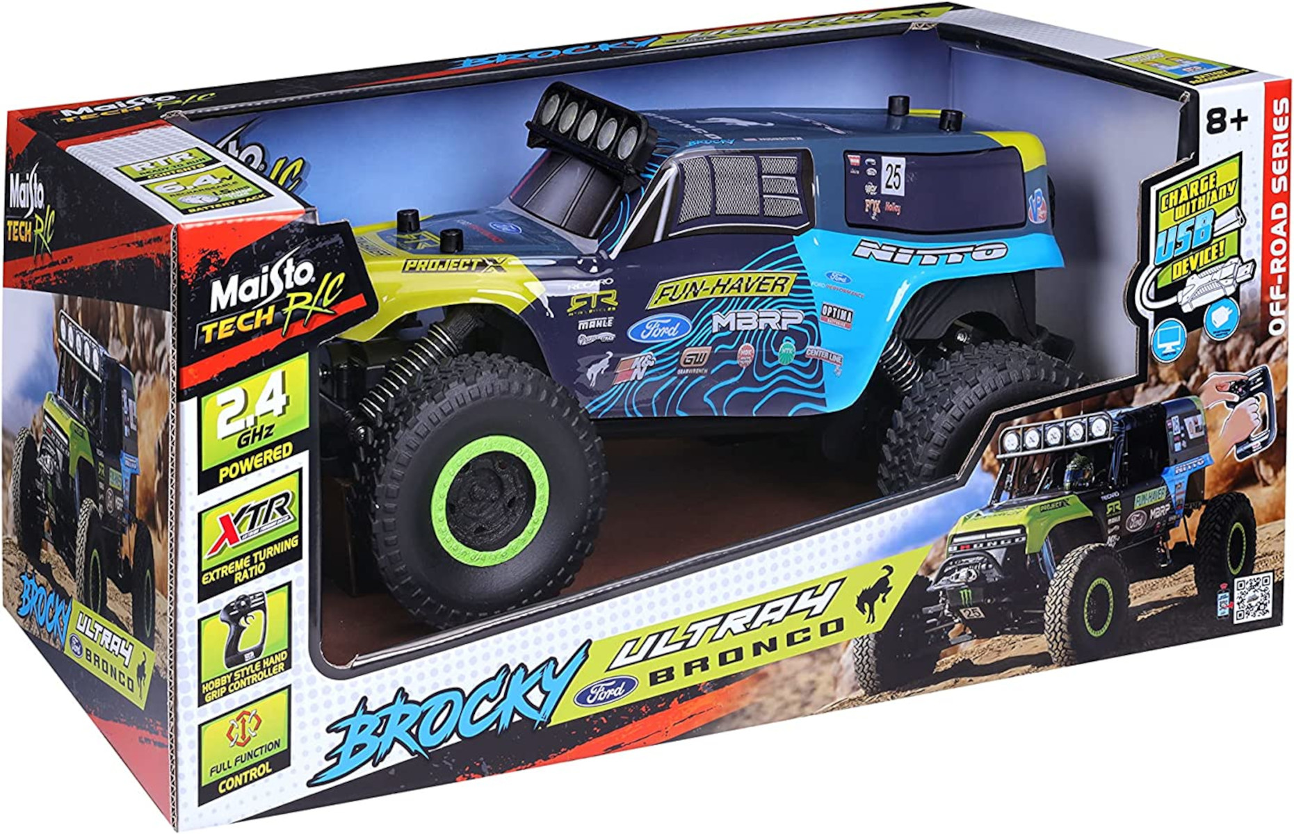 Spielzeug-Offroad-Truck in Box mit Design und Grafiken.