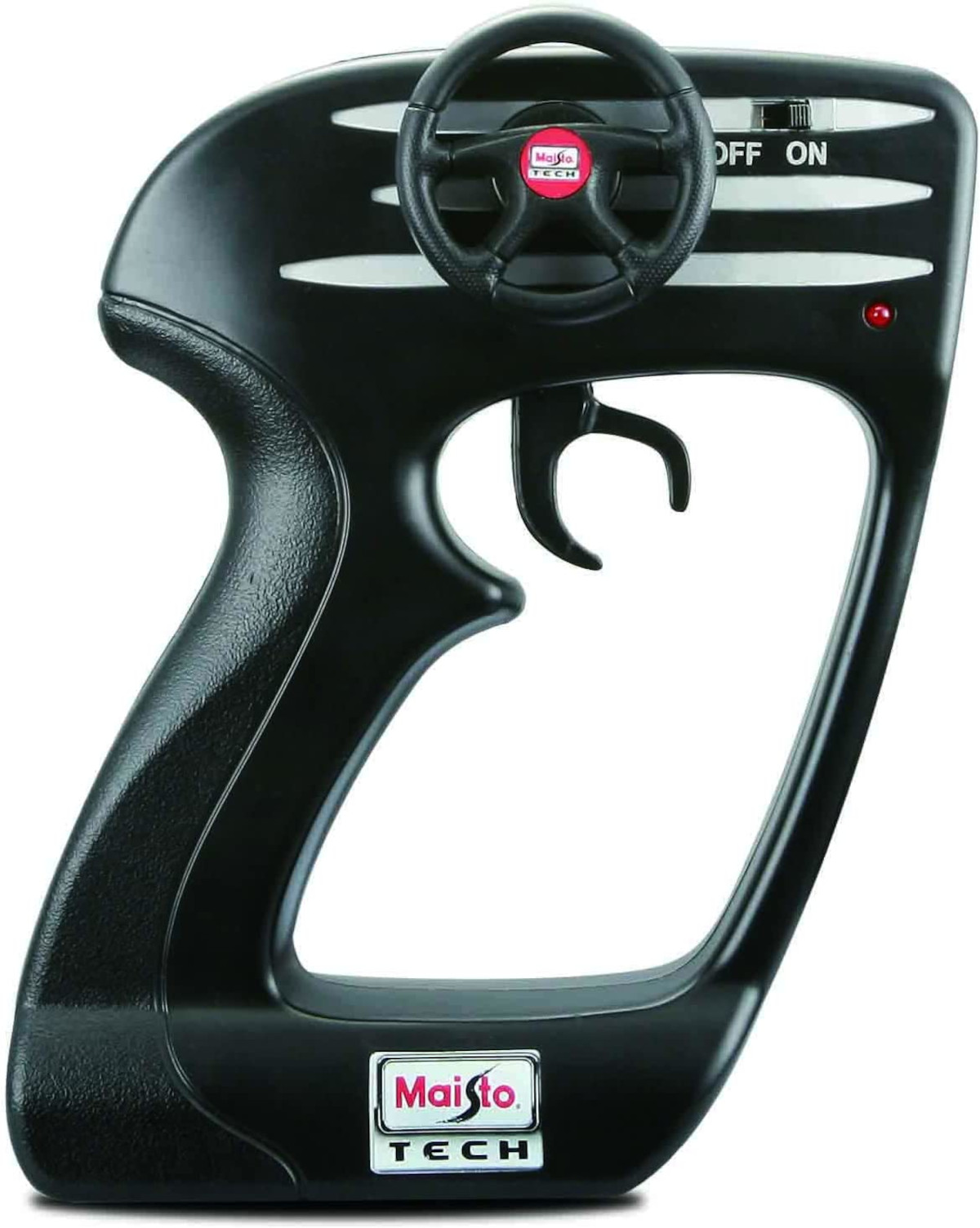 Eine schwarze Fernbedienung für ein Spielzeugauto mit Lenkrad und EIN/AUS-Schalter.