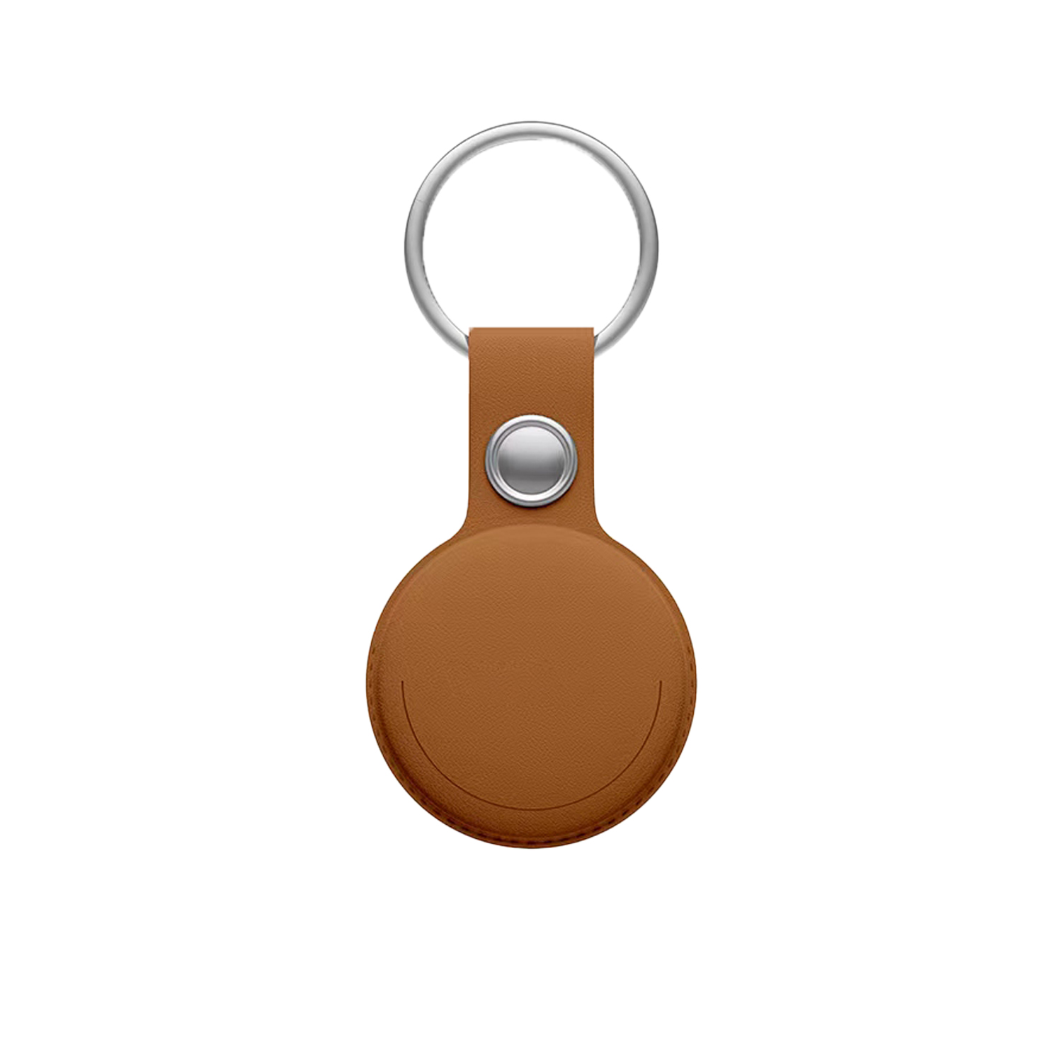 AirTag de cuero marrón en un anillo plateado. La etiqueta es redonda con el logo de Apple y un botón.