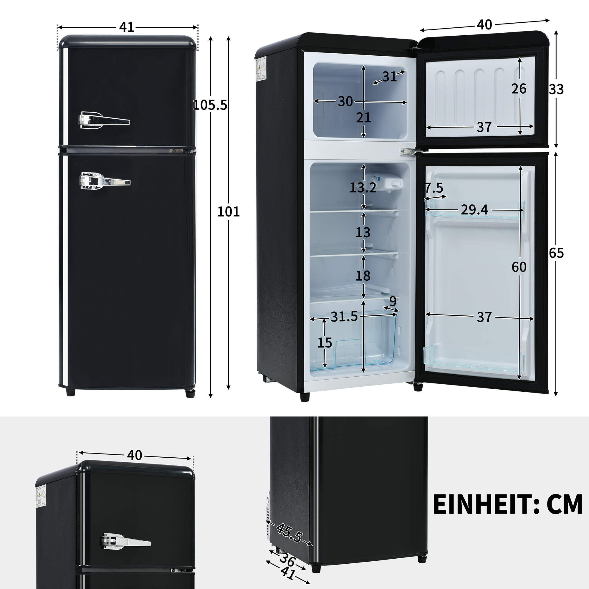 Ein schwarzer Kühlschrank mit in cm beschrifteten Abmessungen, der den Kühl- und Gefrierbereich zeigt.