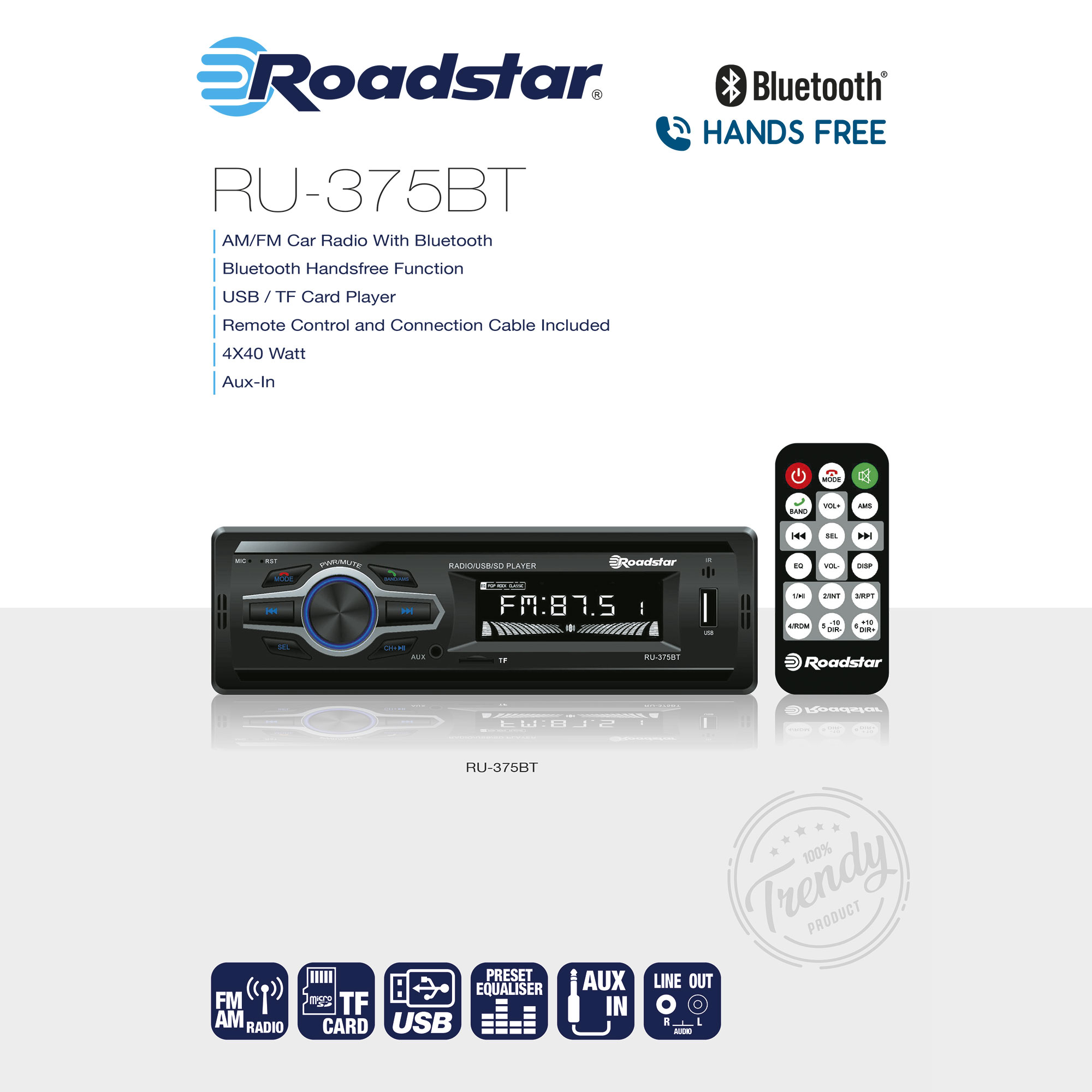Una radio para coche con Bluetooth y un mando a distancia, junto con un diagrama de sus funciones.