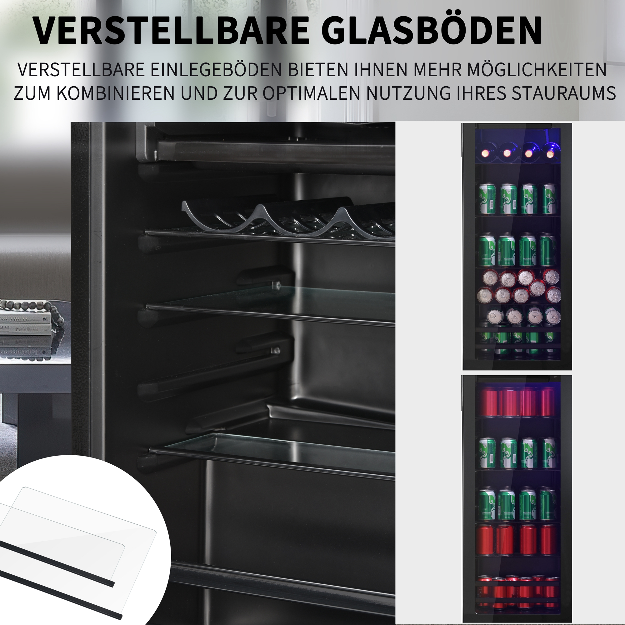 Gläserne Einlegeböden in einem Kühlschrank. Zwei Regale sichtbar. Text: Verstellbare Glasböden.