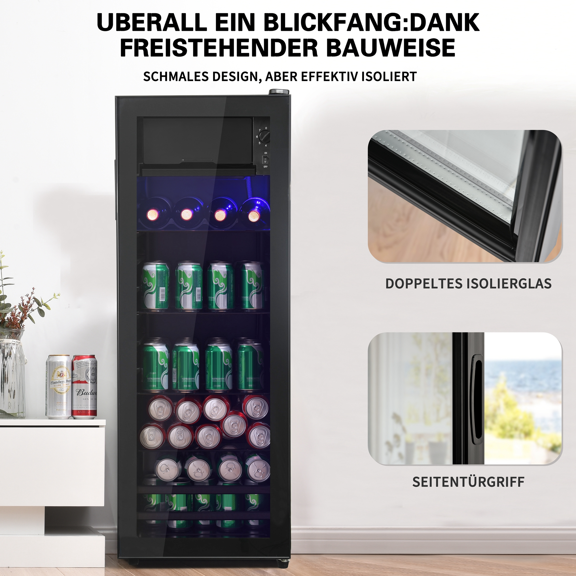 Schwarzer Weinkühler mit Getränkeregalen, offener Tür und Etiketten.