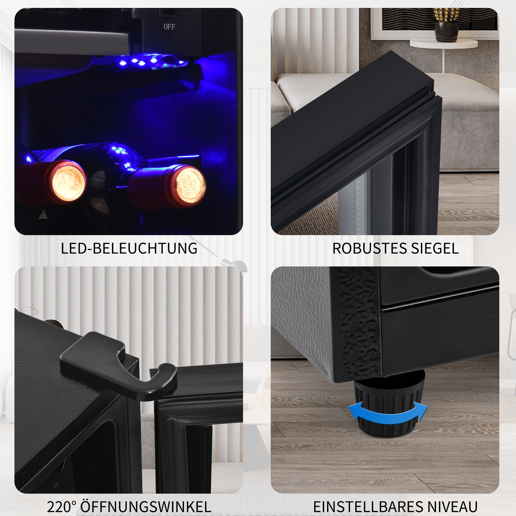 Ein Weinkühler mit Details zu LED-Beleuchtung, Dichtungen, Öffnungswinkel und einstellbarem Niveau.