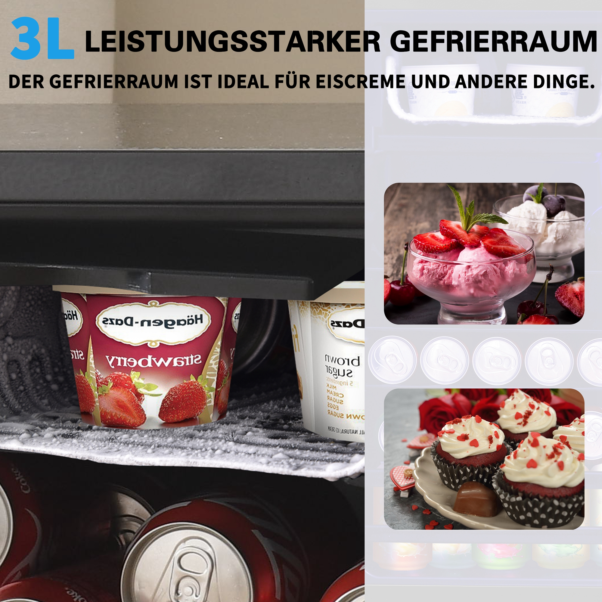 Nahaufnahme eines Gefrierschranks mit Eis und anderen Lebensmitteln, mit Text.