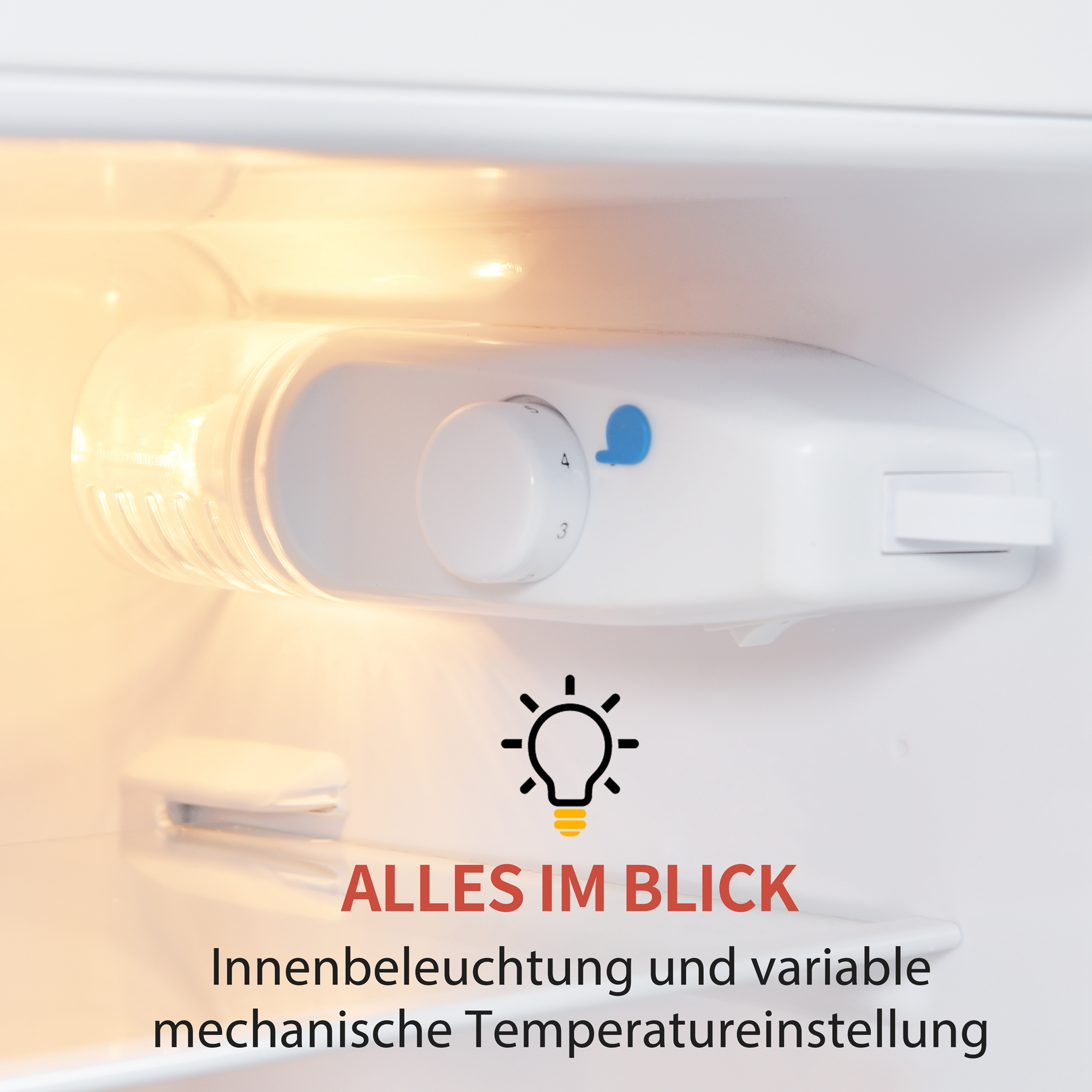 In einem Kühlschrank: ein Glühbirnensymbol und eine Temperaturregelung. Text unten.