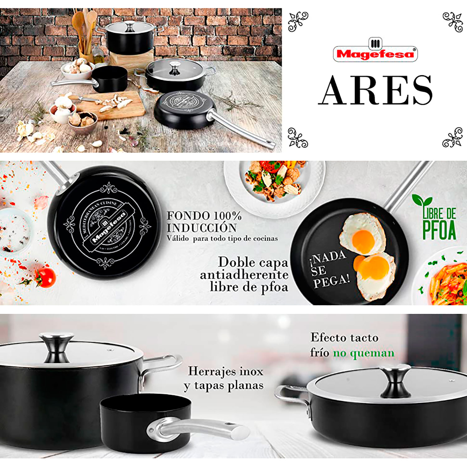 Un collage de utensilios de cocina con el logo Magefesa Ares y texto en español.
