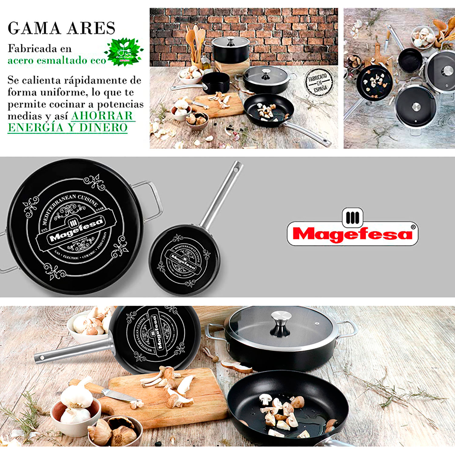 Varias sartenes y ollas de cocina con el logotipo de Magefesa.