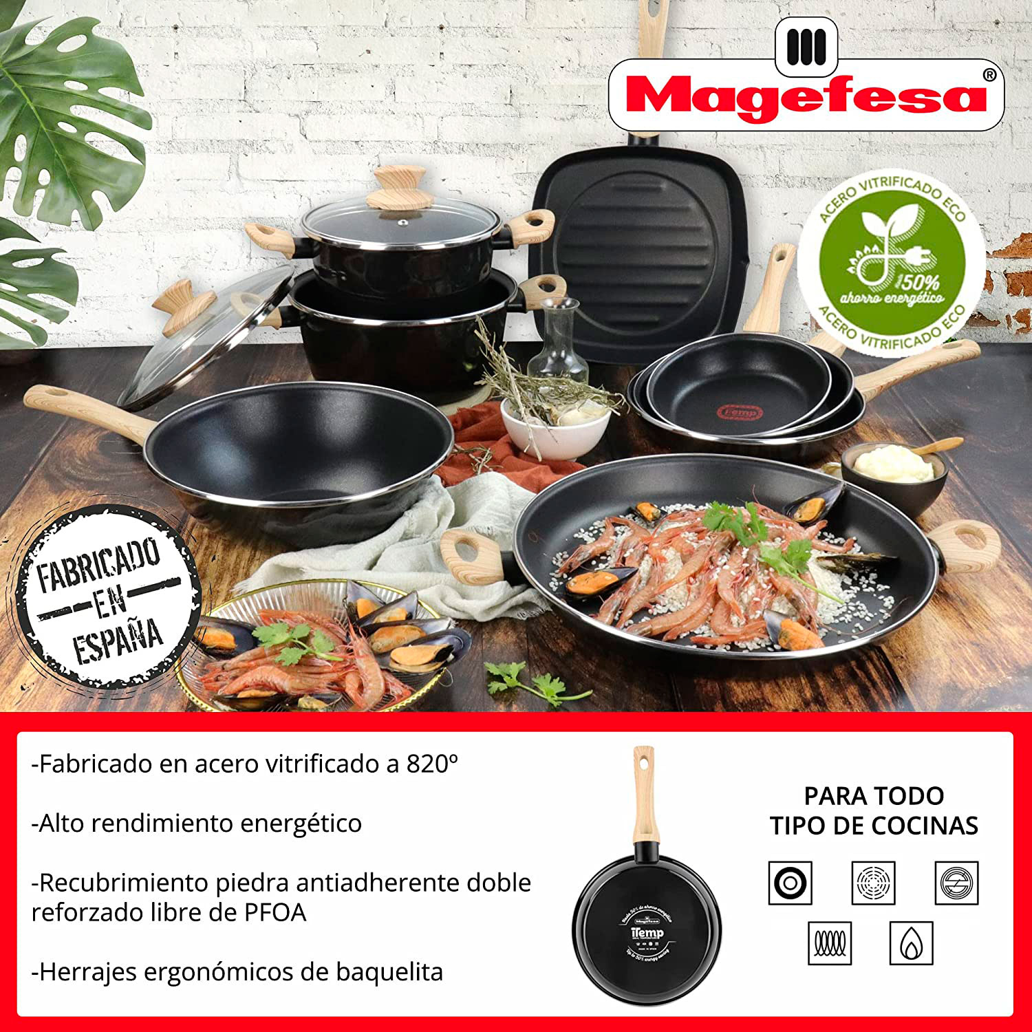 Eine Sammlung von Magefesa-Kochgeschirr auf einer Holzoberfläche, darunter Töpfe, Pfannen und eine Grillpfanne.