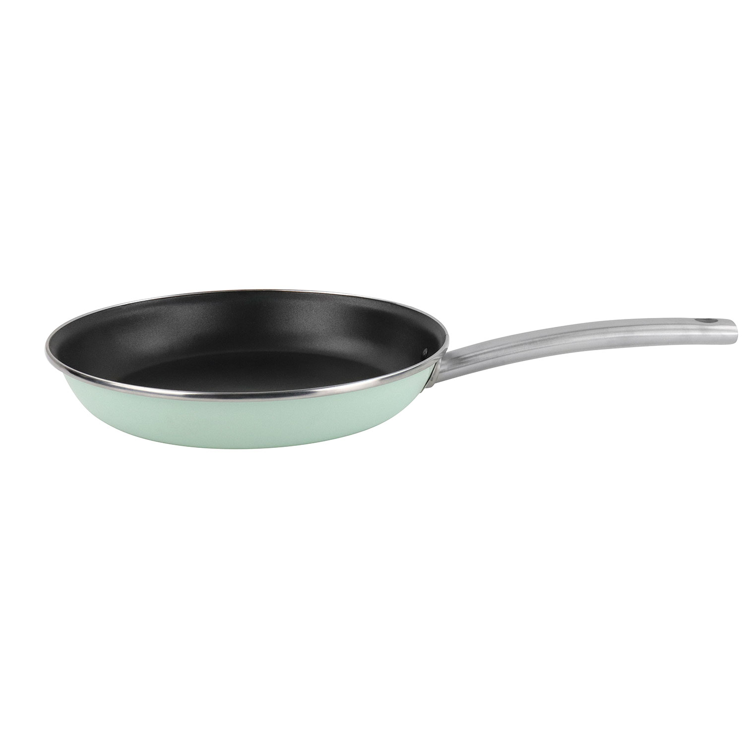 Eine grüne Bratpfanne mit silbernem Griff. Die Pfanne ist leer.