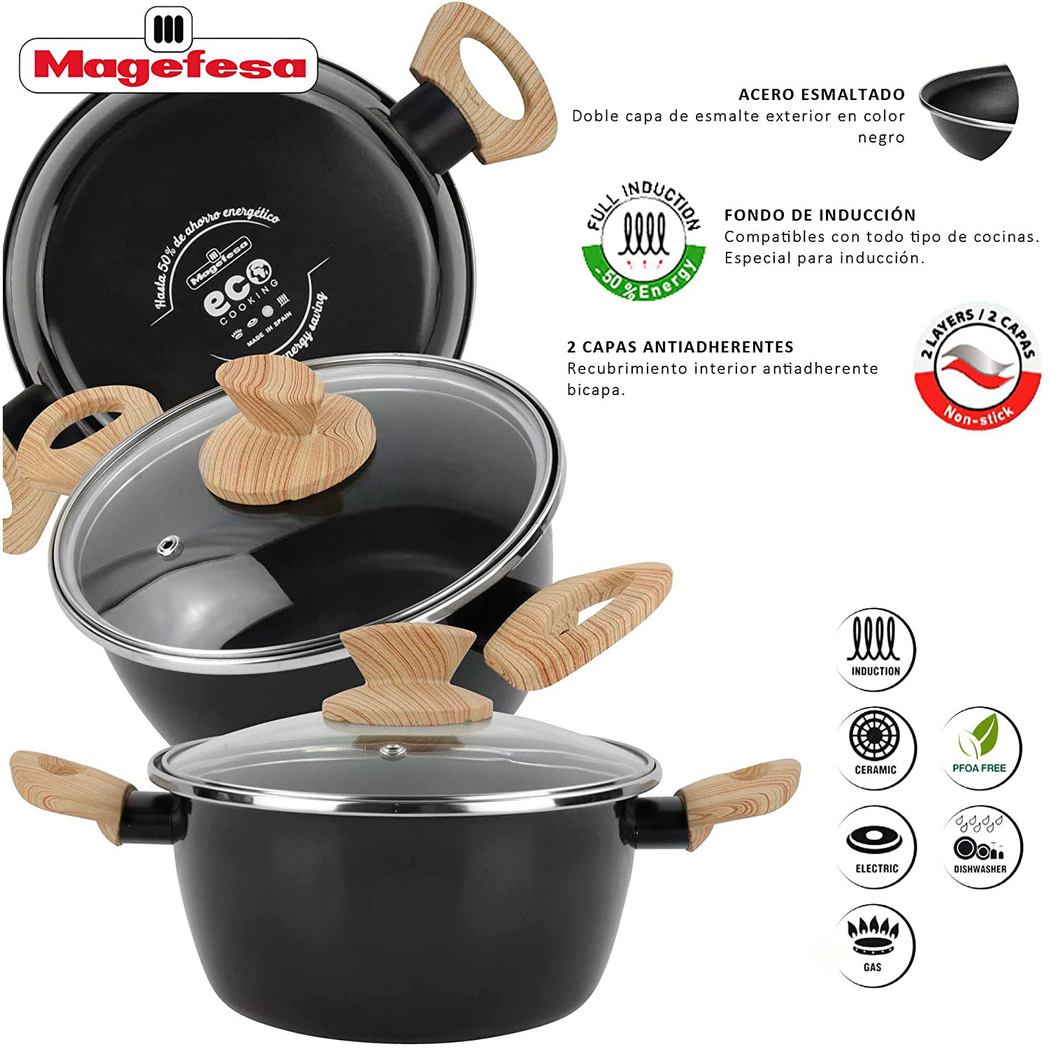 Schwarze Kochtöpfe mit Holzgriffen und Glasdeckeln. Text über Induktion und Antihaft.