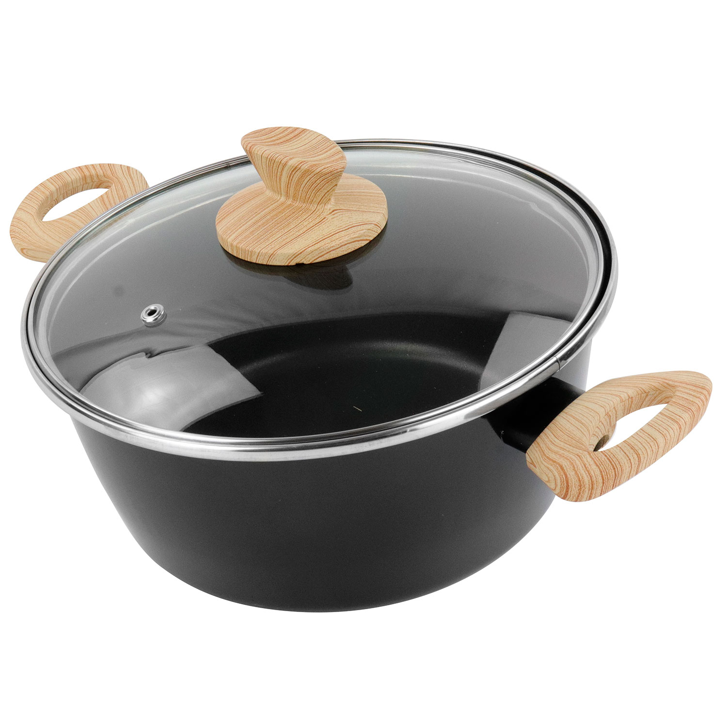 Schwarzer Kochtopf mit Holzgriffen und Deckel. Der Deckel ist klar, mit einem Holzknauf. Weißer Hintergrund.