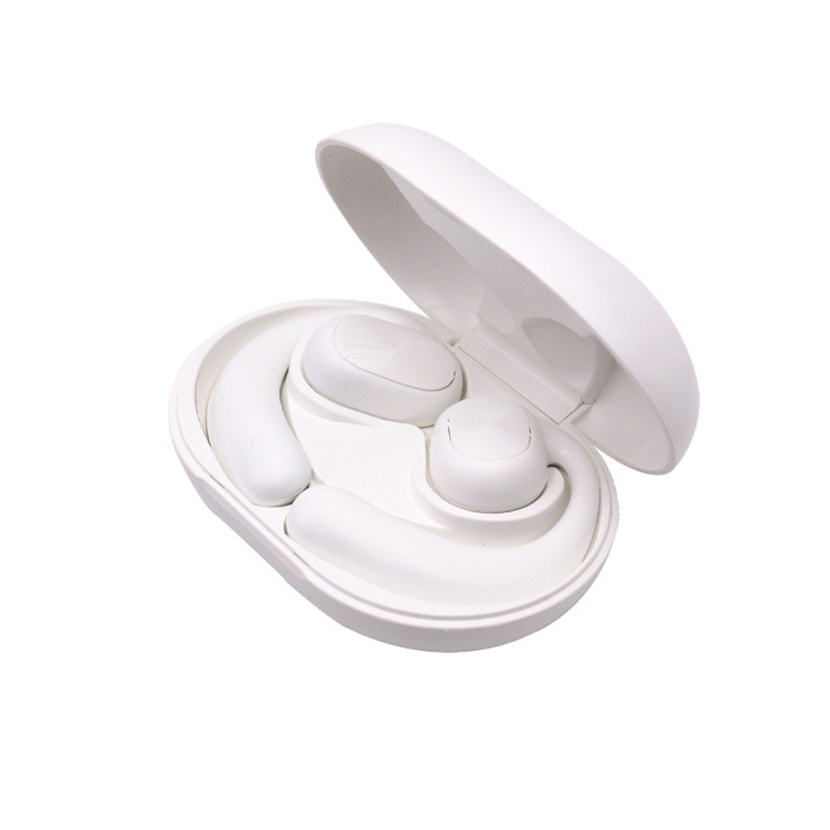 Estuche blanco de auriculares abierto, revelando dos auriculares. El estuche es ovalado.