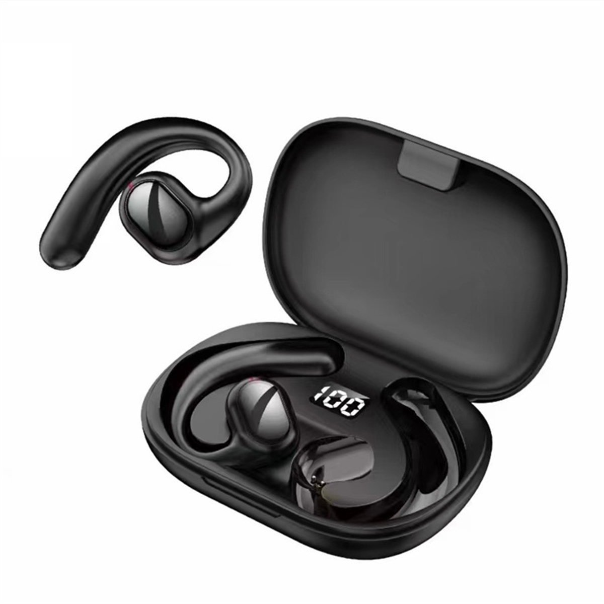 Auriculares negros con ganchos para la oreja y pantalla digital. Están en un estuche de carga negro.