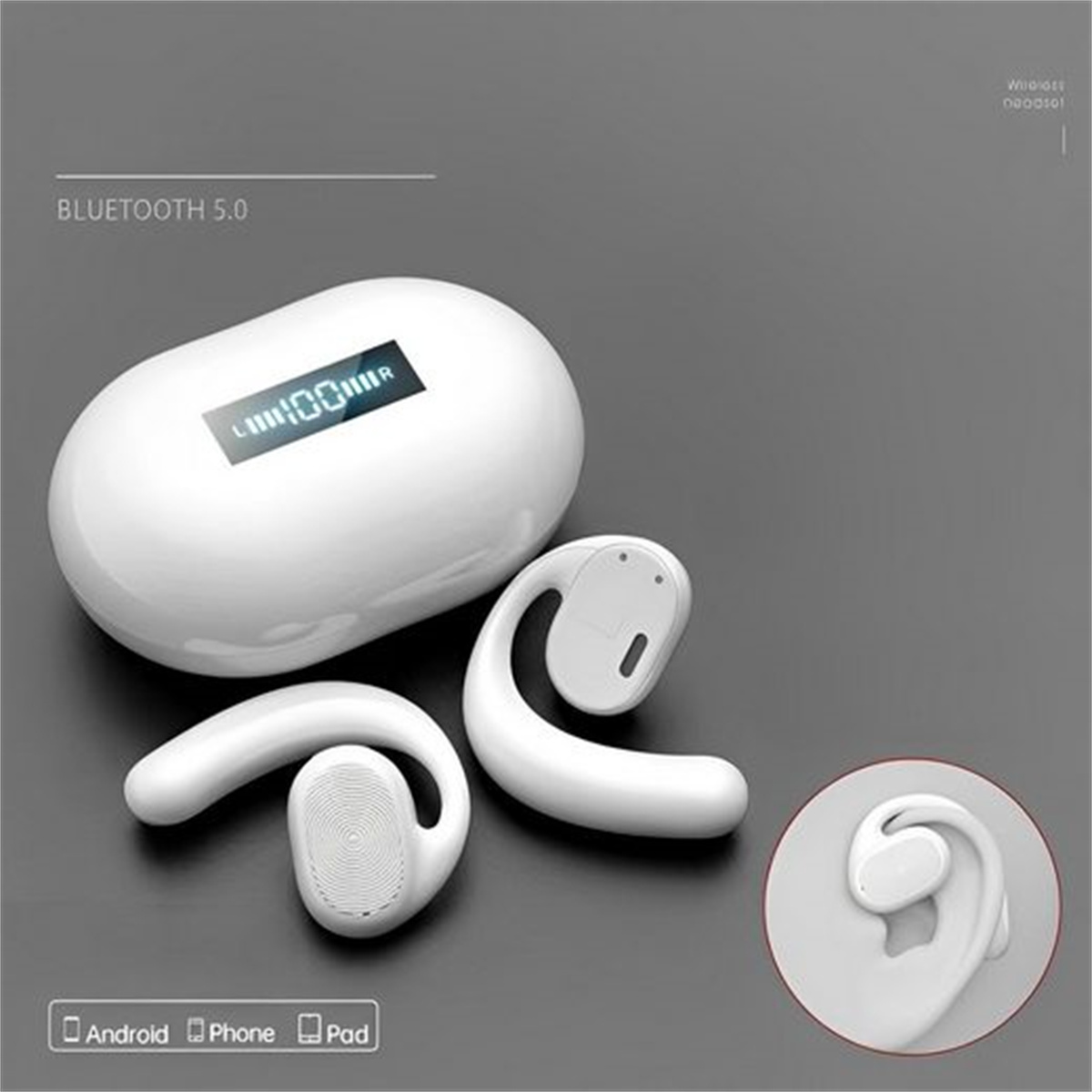 Auriculares blancos con estuche de carga. El estuche de carga tiene una pantalla digital.