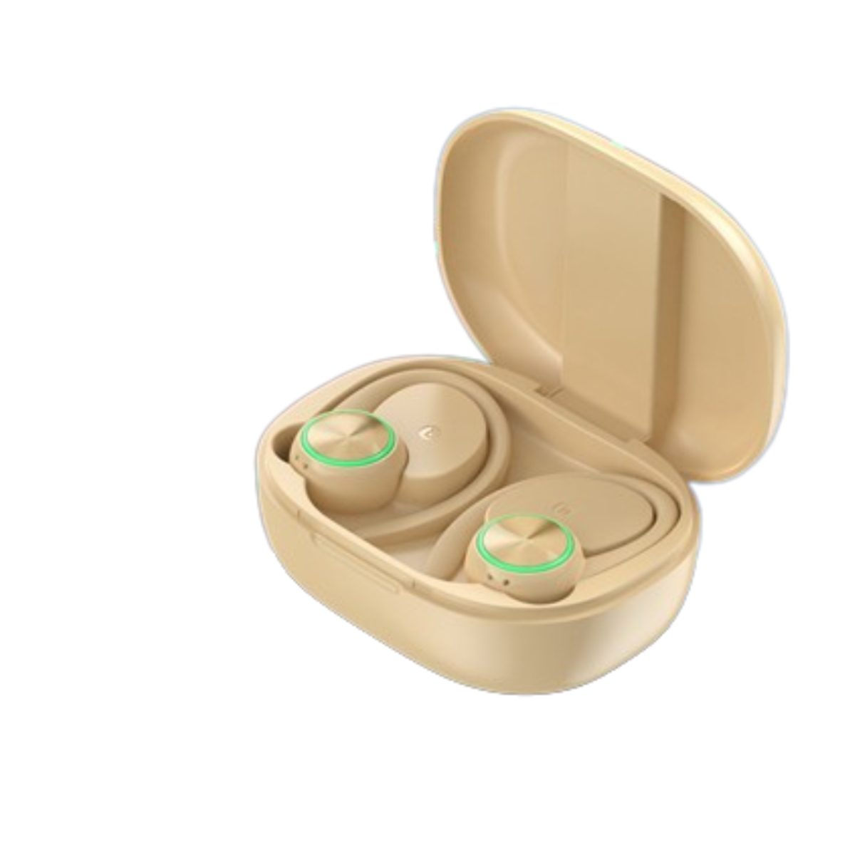 Auriculares en un estuche de carga beige. Los auriculares también son beige con detalles verdes.