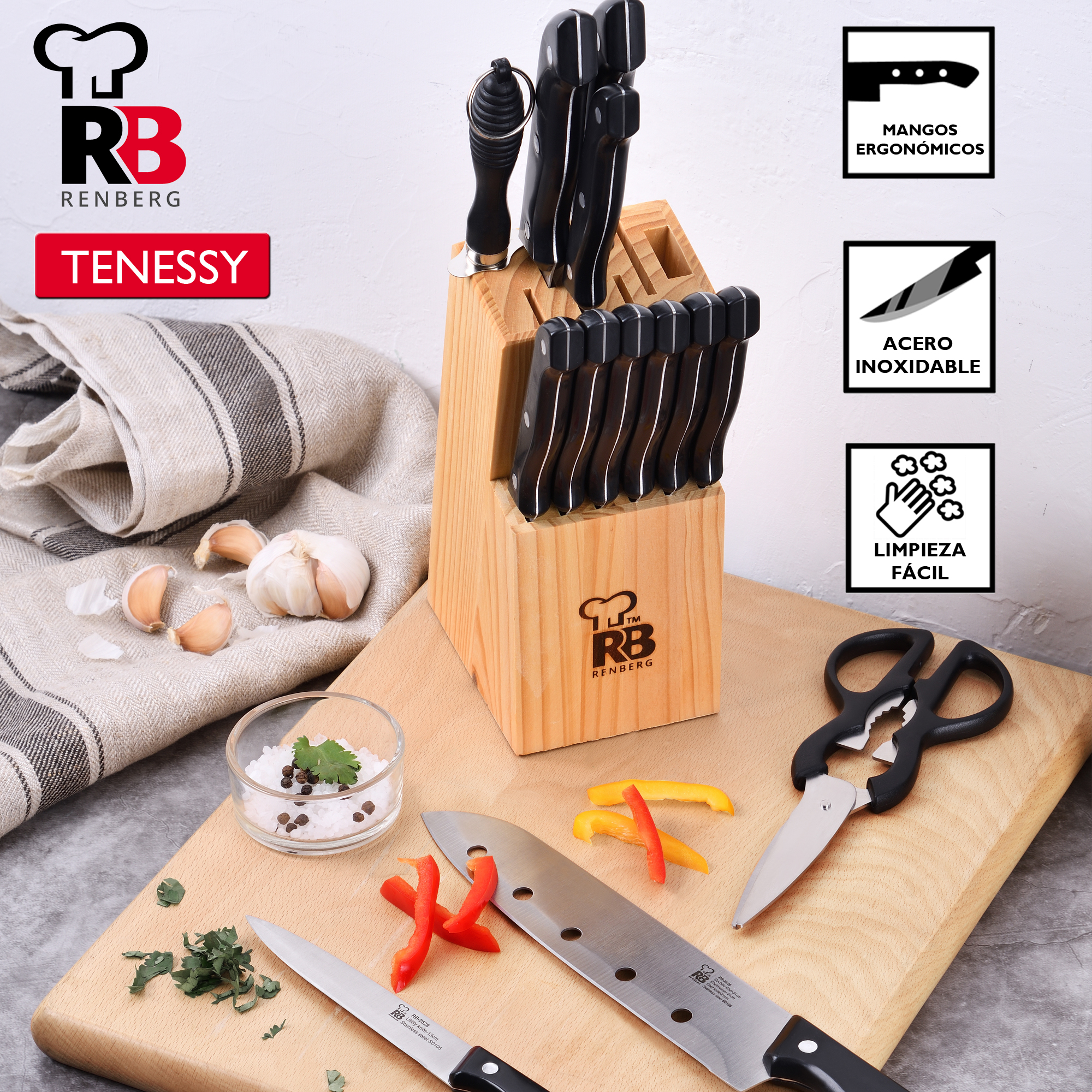 Juego de cuchillos con cuchillos, tabla de cortar con verduras y tijeras, y texto arriba a la izquierda.