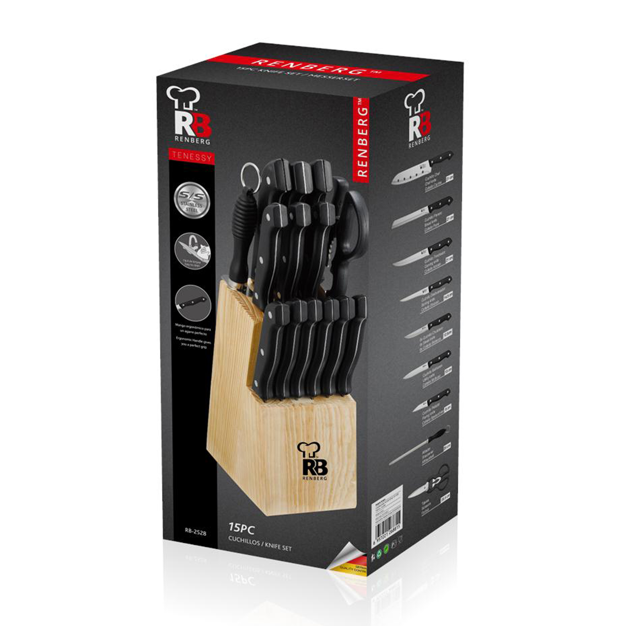 Un juego de bloques de cuchillos en una caja negra. Contiene varios cuchillos con mangos negros. La caja tiene texto.