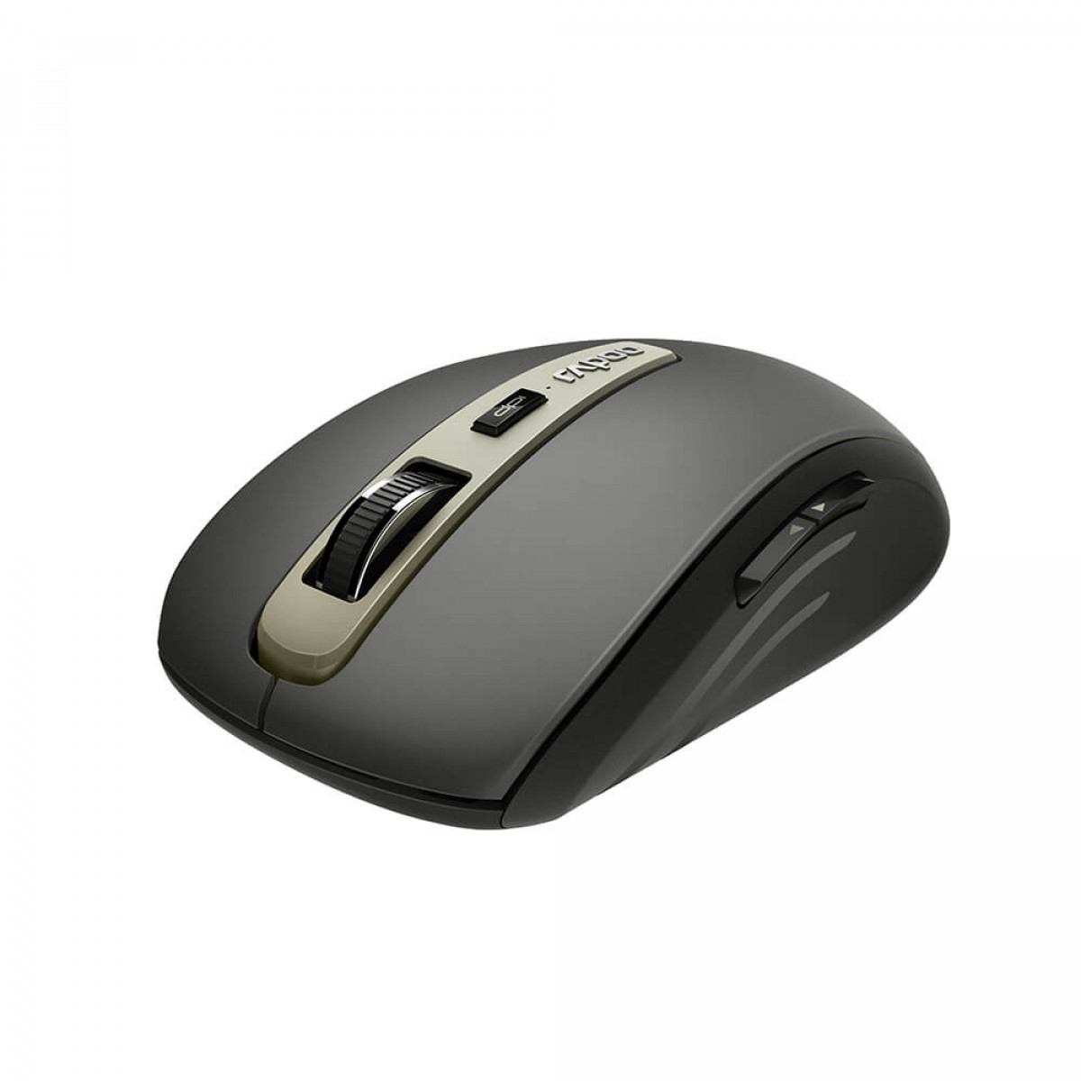 Een grijze computermuis. Hij heeft een scrollwiel en de merknaam 'rapoo' is zichtbaar.