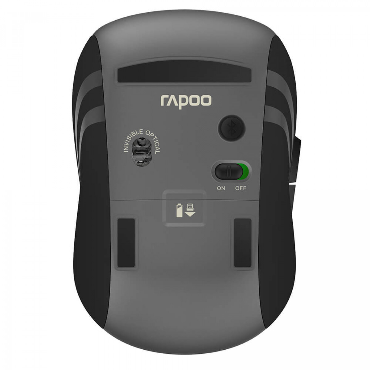 Een zwarte en grijze computermuis met de merknaam 'Rapoo' zichtbaar aan de bovenkant.