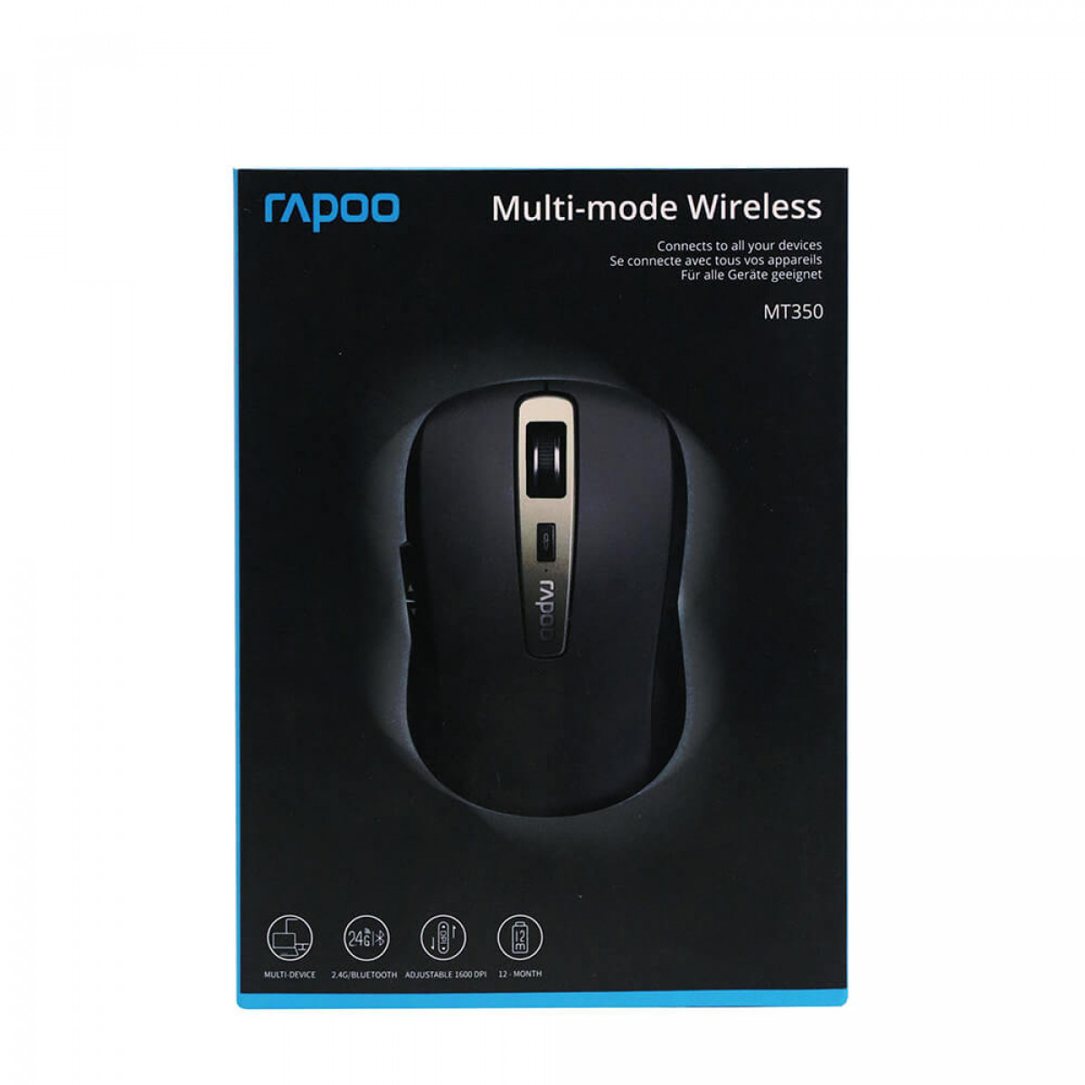 Een productdoos voor een zwarte computermuis met blauwe accenten. Op de doos staat 'Multi-mode Wireless'.