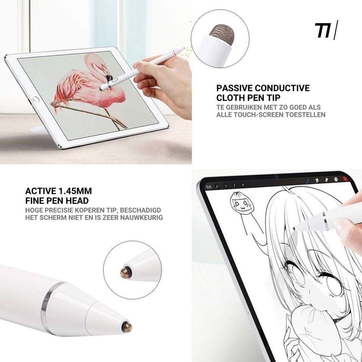 Eine Hand, die einen Stift über einem Tablet hält, mit Nahaufnahmen der Stiftspitze und des Tablet-Bildschirms.