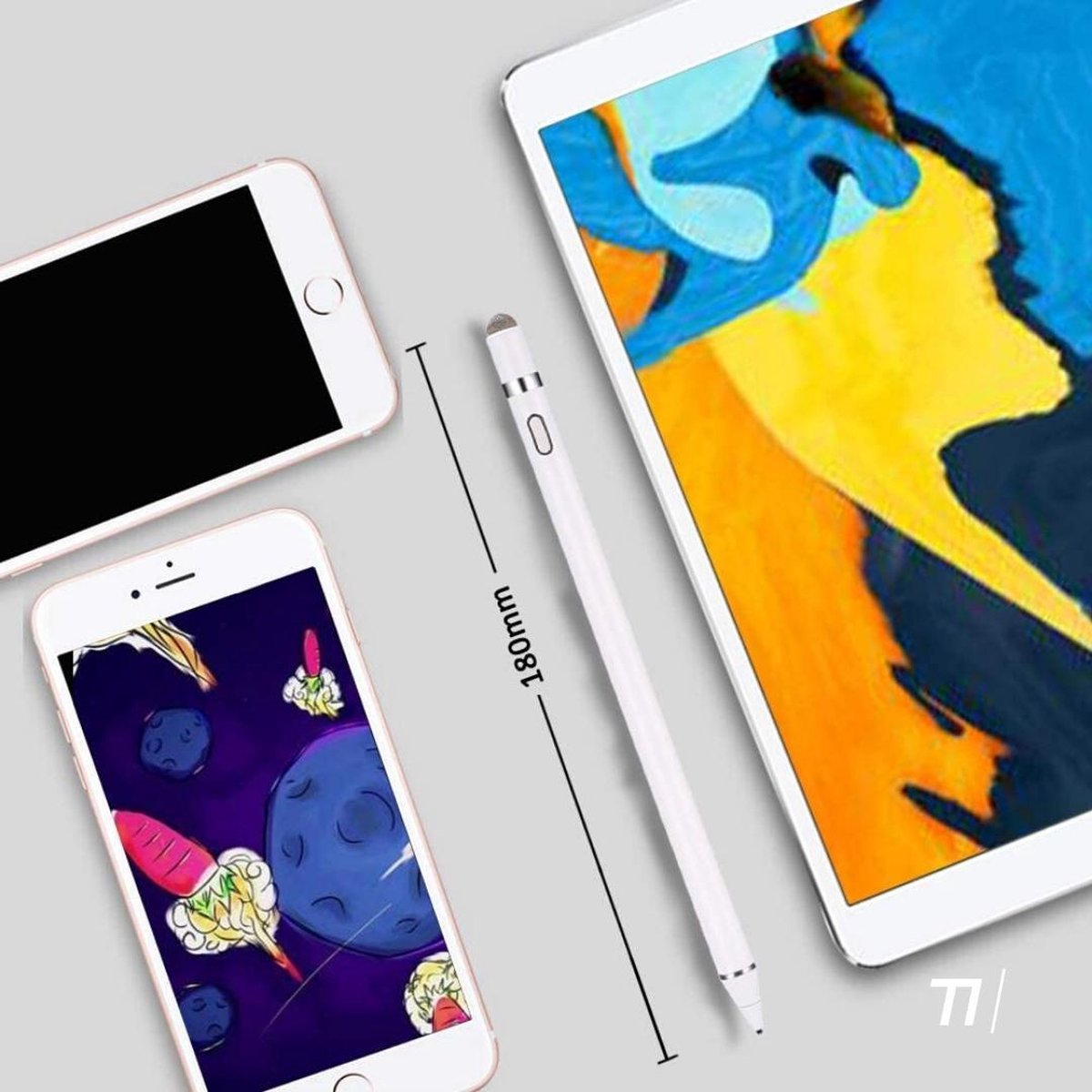 Weißer Eingabestift, zwei Telefone und ein Tablet. 180 mm Länge angegeben.