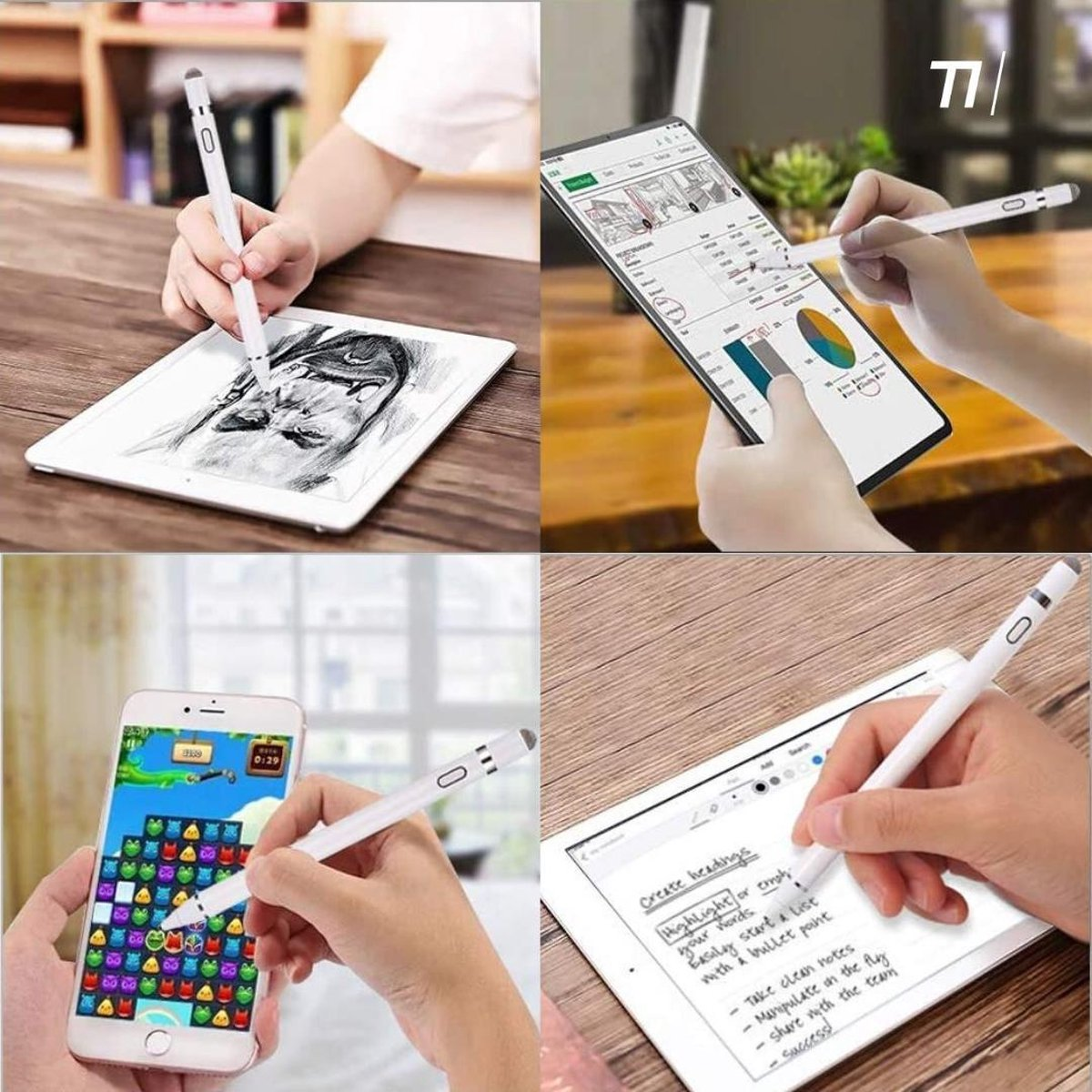 Vier Bilder von jemandem, der einen weißen Stift auf Tablets und Telefonen benutzt.