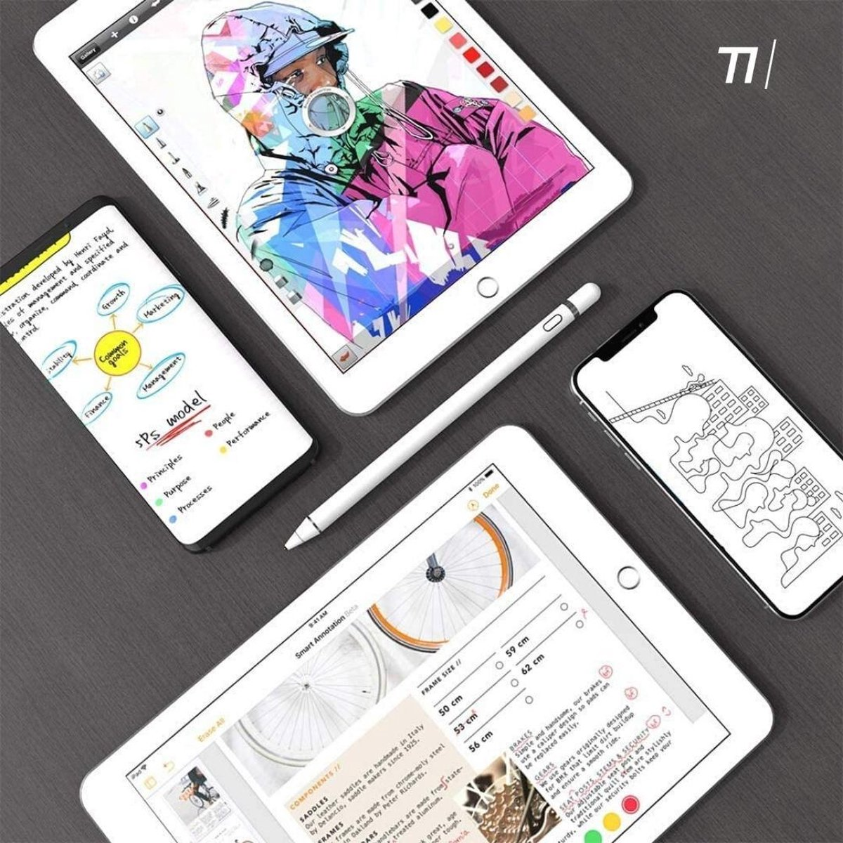 Tablets und Telefon mit Zeichnungen und Notizen. Ein Stift und ein dunkler Hintergrund.