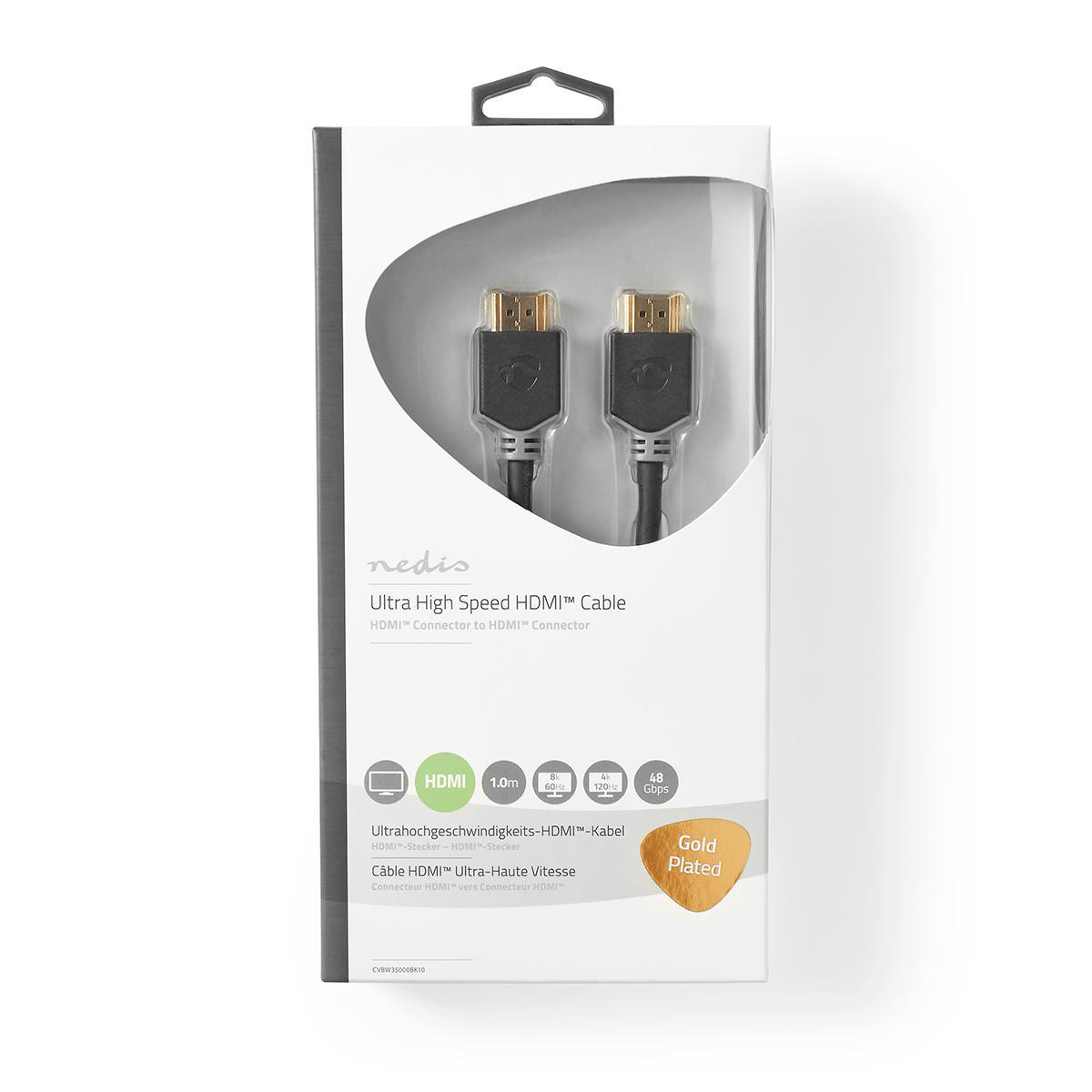 Een witte doos met een zwarte HDMI-kabel. De doos heeft productinformatie erop gedrukt.