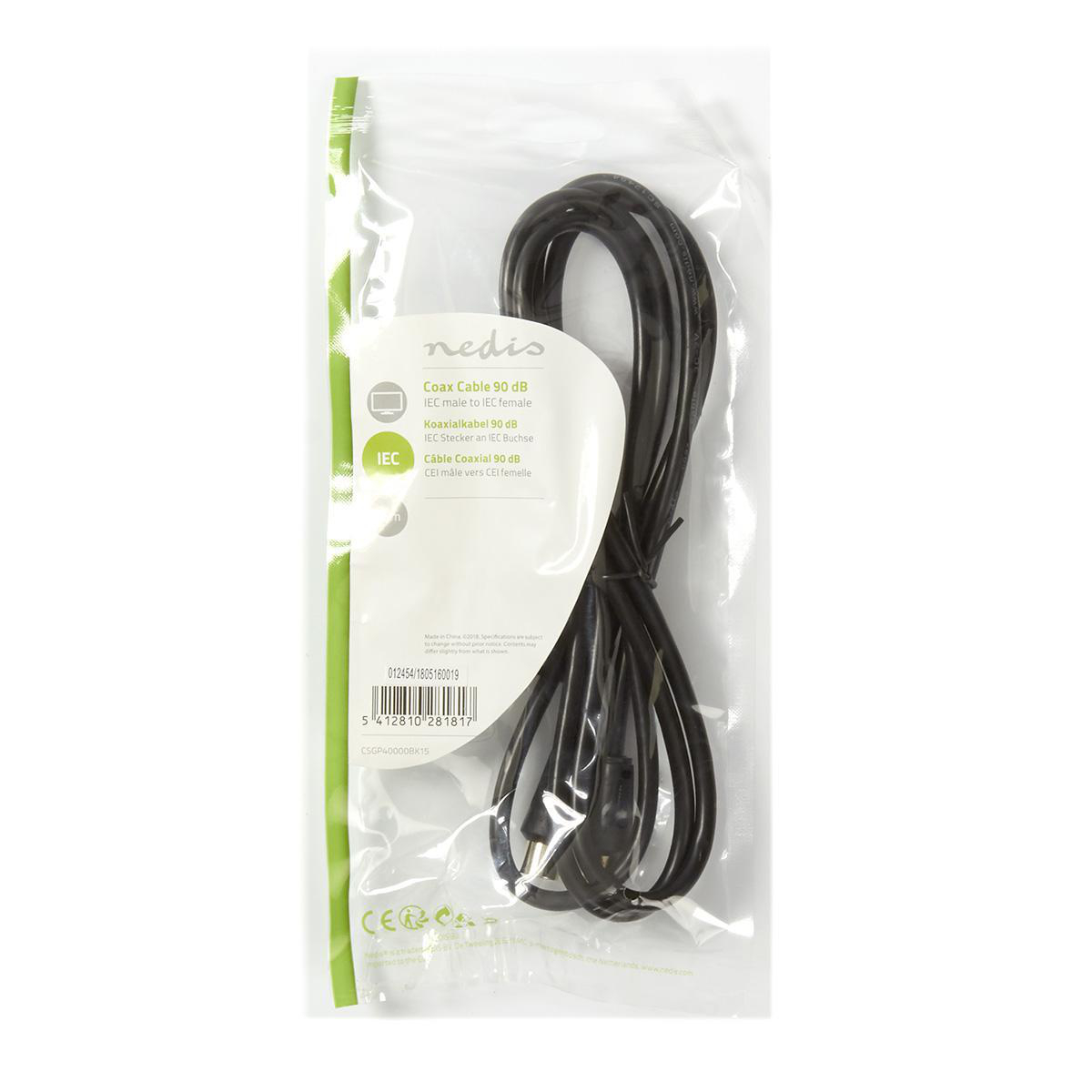 Un cable coaxial negro en una bolsa de plástico transparente, con texto y un código de barras sobre un fondo blanco.